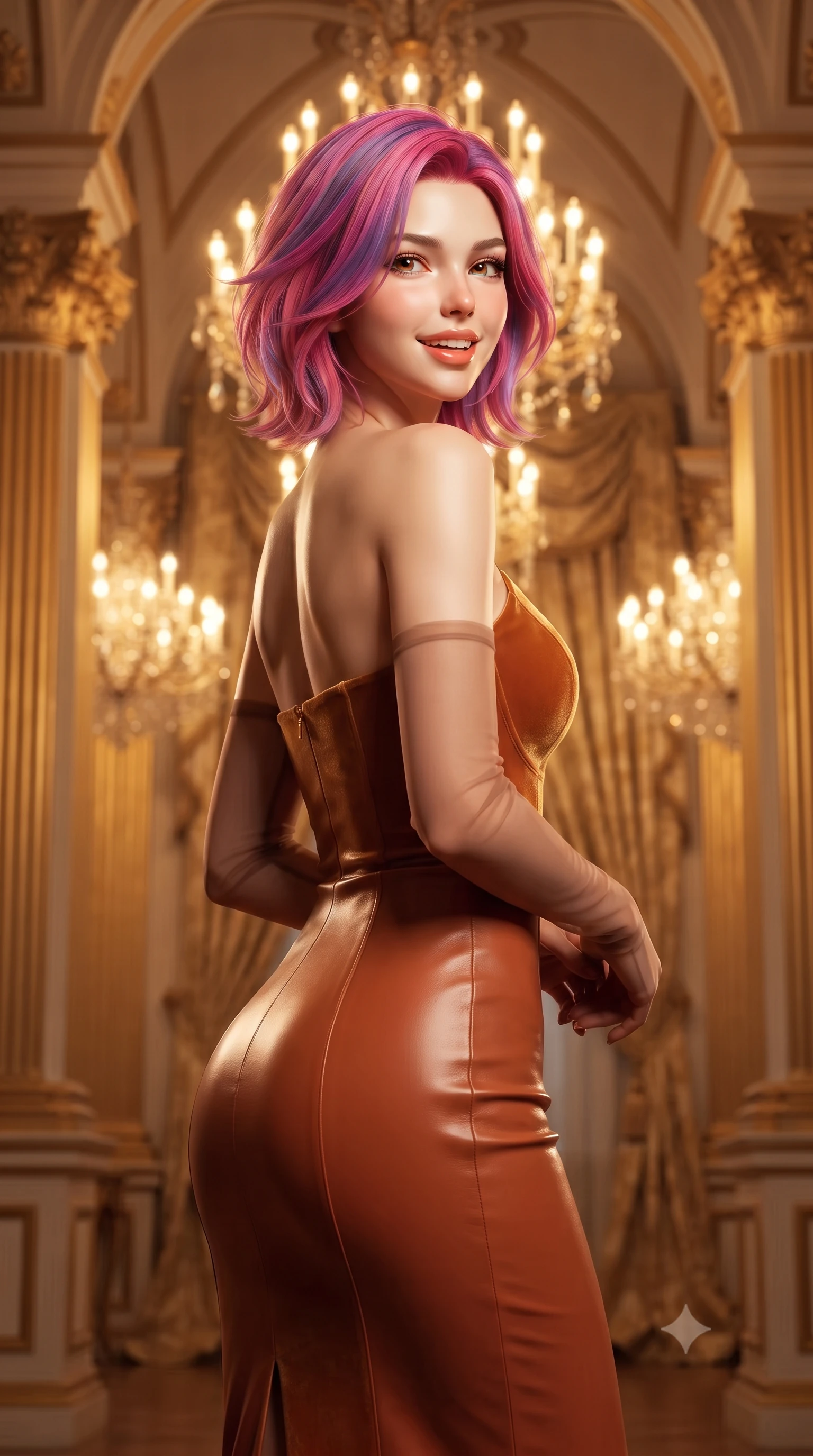 score_9, masterpiece, best quality, ultra-detailed, high-budget anime keyframe, editorial fashion photography, tasteful artistic composition, Caucasian woman. close-up cowboy shot from the waist and thighs up, the character dominates the composition, filling the frame with her large presence. posing in an alluring rear three-quarter angle, looking over a bare shoulder with parted glossy lips, her hips cocked back to highlight her slim hourglass curve while standing poised between monumental gilded stucco Corinthian pilasters beneath soaring vaulted ceilings, arching her lower back with sovereign supermodel grace as dozens of Bohemian crystal chandeliers blaze like starlight. The background shows a soft-focus flowing heavy gold damask drapery softened in Bohemian royal state apartment shallow focus. She has an exceptionally elegant, slender, and willowy female figure with an ultra-slim waist, flat toned midriff, narrow ribcage, and sculpted feminine hips creating an alluring, slim hourglass silhouette without bulk. sharp v-shaped jawline, high-bridge nose, intricate jewel-like sparkling eyes with depth, thick eyelashes, glossy parted lips with a natural peach sheen, bright cheerful beaming smile with an enchanting and coquettish sensual glint, exuding both youthful cute charm and seductive allure, flawlessly proportioned anatomical accuracy, strict slender model proportions, natural body alignment, perfectly sculpted long slender limbs, ultra-slim waistline, clean dynamic posture without body distortion. wearing a glove-like stretch lambskin leather sheath dress accentuating her ultra-slim waistline in Florentine Renaissance Medici terracotta and warm gilded ochre, tailored from ultra-plush silk velvet with rich tactile depth and deep shadow gradients, complemented by sheer opera-length evening gloves tracing her slender arms, the second-skin tailored fabric adhering flawlessly to her sculpted flat midriff and slender torso, emphasizing her long leg lines and perfectly proportioned willowy build. bathed in the warm radiant 2600K golden illumination of hundreds of crystal chandelier lamps dimmed to an intimate evening glow. ultra-reflective glossy finish, specular highlights, rich textural contrasts, high-contrast stereoscopic depth, volumetric dynamic lighting, 2k, ultra detail, master piece, 9:16 ratio