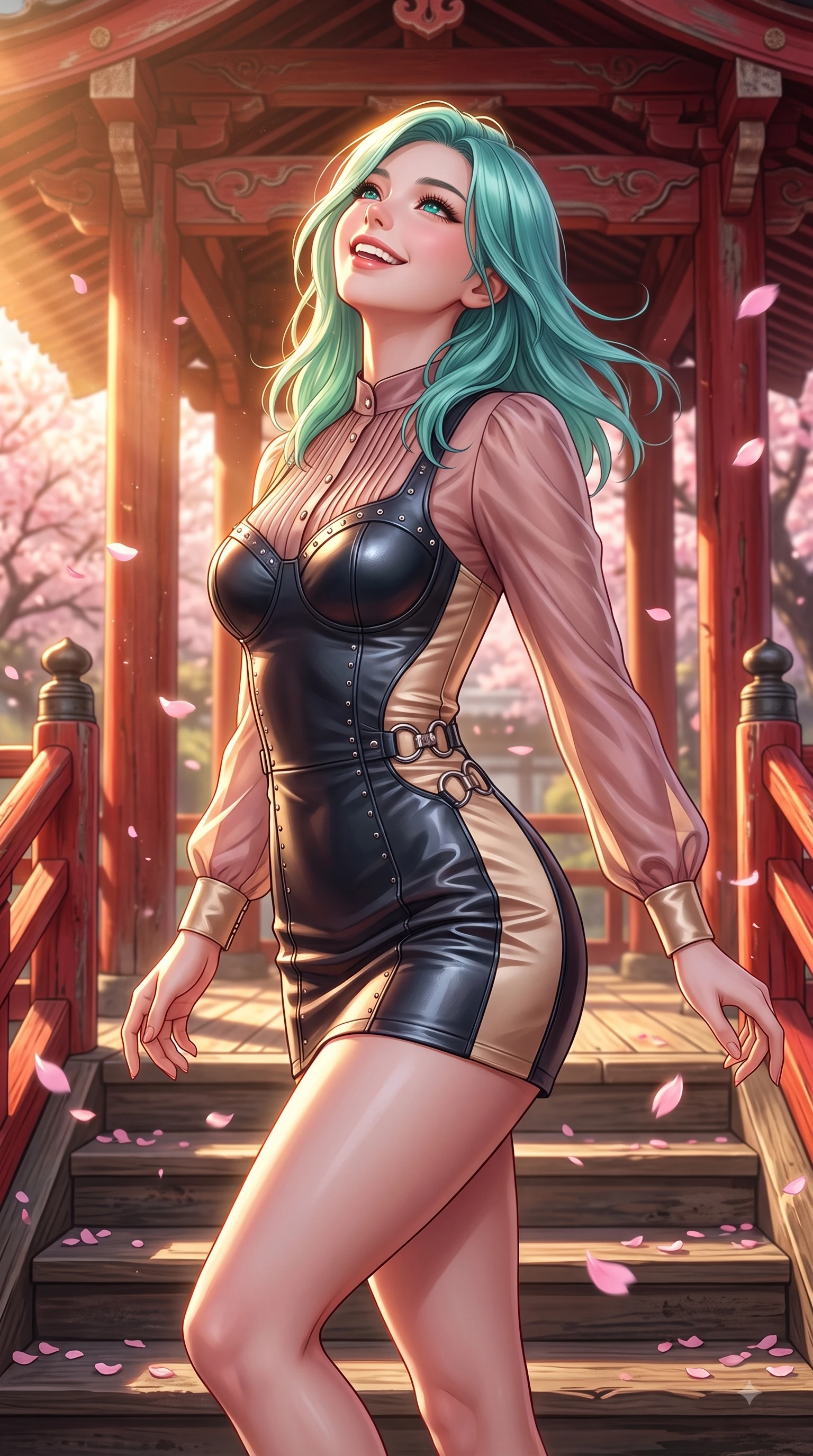 score_9, masterpiece, best quality, ultra-detailed, high-budget anime keyframe, editorial fashion photography, tasteful artistic composition, Japanese woman. close-up cowboy shot from the waist and thighs up, the character dominates the composition, filling the frame with her large presence, background elements kept in soft focus. Tilting her chin up with a beaming smile of pure delight while balancing dynamically amidst the scene while pivoting gracefully on the steps of a traditional red wooden pavilion with a warm smile, floating pink petals drifting around her in dynamic, cheerful wind currents. She has an exceptionally elegant, slender, and willowy female figure with an ultra-slim waist, a gracefully sculpted slender torso, and a refined silhouette. sharp v-shaped jawline, high-bridge nose, intricate jewel-like eyes with depth, thick eyelashes, glossy lips with a natural sheen, flawlessly proportioned anatomical accuracy, natural body alignment, perfectly sculpted elegant limbs, clean dynamic posture without body distortion. wearing a tailored leather bustier over a sheer silk chiffon blouse in dusty rose and champagne gold, crafted from lustrous satin jersey with fluid draping, accented with delicate chrome ring hardware framing her waist, the sleek second-skin texture accentuating her magnetic presence. bathed in bright morning sunbeams and warm golden sakura backlighting. ultra-reflective glossy finish, specular highlights, metallic sheen, high-contrast stereoscopic depth, volumetric dynamic lighting, 2k, ultra detail, master piece, 9:16 ratio