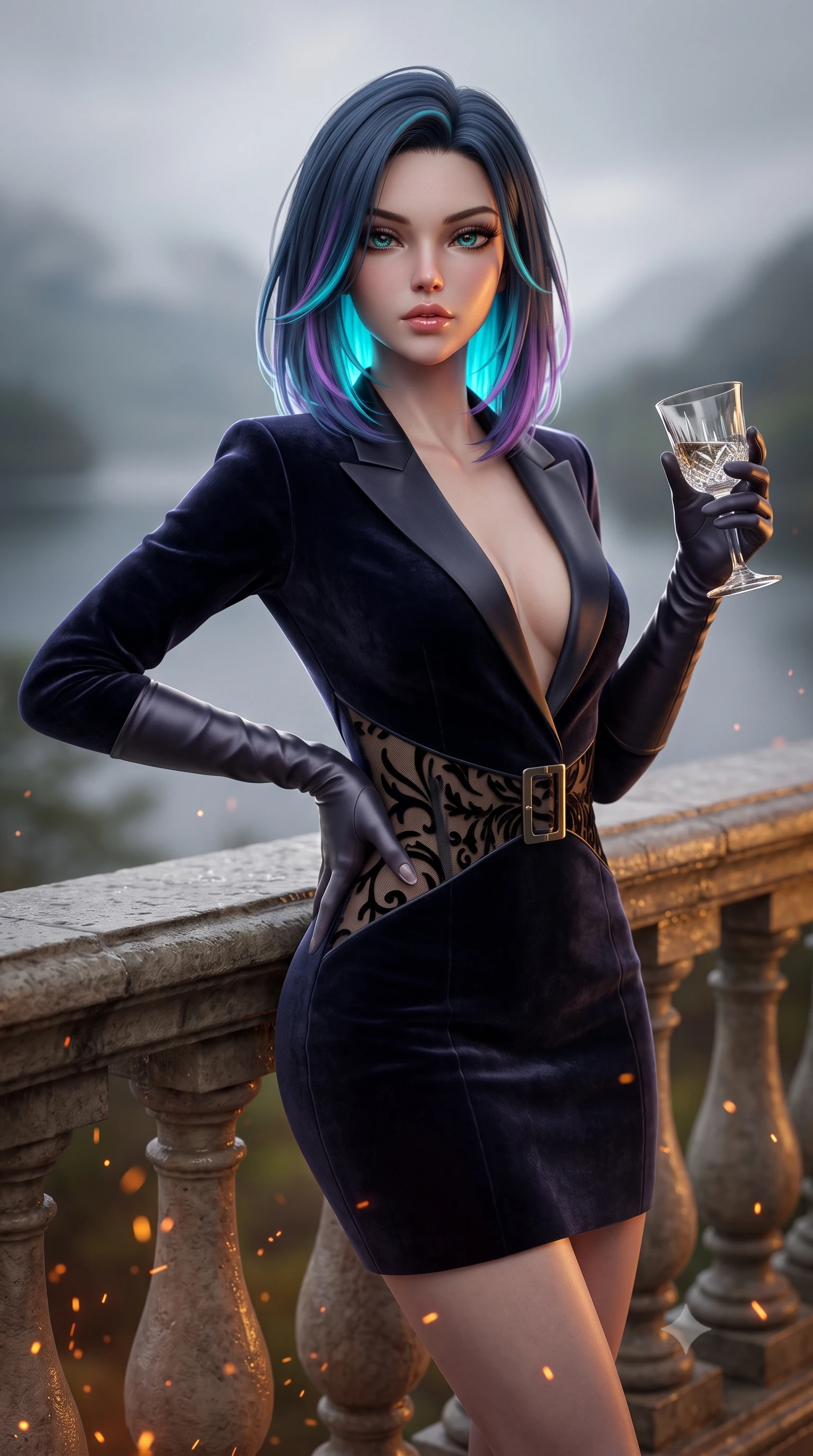 score_9, masterpiece, best quality, ultra-detailed, high-budget anime keyframe, semi-realistic 3D game render, editorial fashion photography, tasteful artistic composition, Caucasian woman. close-up cowboy shot from the waist and thighs up, the character dominates the composition, filling the frame with her large presence. resting one manicured hand delicately on her hip bone, her upper body turning in a fluid, seductive S-curve while parted lips glisten in the light while leaning against the damp carved limestone terrace balustrade overlooking misty Scottish lochs, arching her lower back in an alluring S-curve as wind flutters her dress. The composition keeps background elements in soft focus with creamy bokeh. rising fireplace sparks and candle flame refractions scattering warm decadent amber light motes. She has an exceptionally elegant, slender, and willowy female figure with an ultra-slim waist, flat toned midriff, narrow ribcage, and sculpted feminine hips creating an alluring, slim hourglass silhouette without bulk. sharp v-shaped jawline, high-bridge nose, intricate jewel-like eyes with depth, thick eyelashes, glossy parted lips with a natural sheen, intensely captivating and seductive bedroom-eyes expression, flawlessly proportioned anatomical accuracy, strict slender model proportions, natural body alignment, perfectly sculpted long slender limbs, ultra-slim waistline, clean dynamic posture without body distortion. wearing a tailored velvet tuxedo jacket dress with satin lapels, worn with a deep plunge neckline and gold hip buckle in molten amber-gold and dark gunmetal, made of sheer contouring power-mesh with velvet flocking patterns, accessorized with opera-length satin gloves and a vintage crystal glass, the glove-like aerodynamic silhouette tightly following the natural contour of her hips and long slender legs with statuesque 8.5-heads elegance. illuminated by crisp directional rim lighting sharply carving her razor-sharp jawline, narrow waist, and curvy hips. highly saturated vibrant anime colors, detailed shading with soft gradients, rich glossy textures, high-contrast stereoscopic depth, volumetric dynamic lighting, master piece, 9:16 ratio
