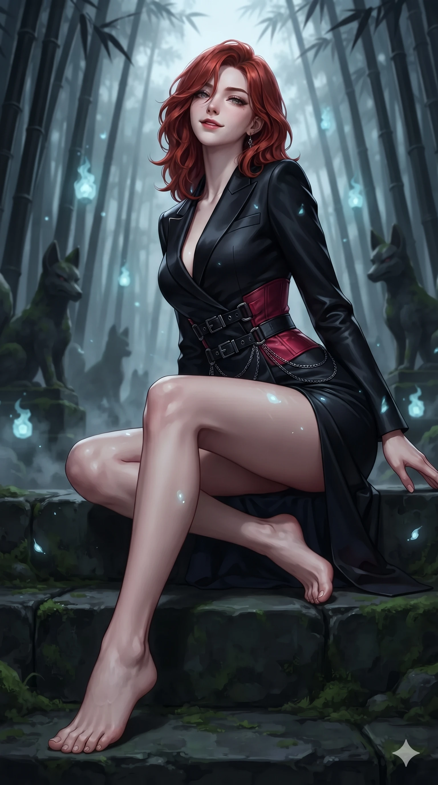 score_9, masterpiece, best quality, ultra-detailed, high-budget anime keyframe, editorial fashion photography, tasteful artistic composition, Korean woman. low angle full-body shot from head to toe showing her feet, filling the entire 9:16 vertical frame with her statuesque presence, stretching her vertical silhouette. sitting poised on the dark stone steps with one knee bent, arching her spine with supermodel elegance as she glances upward through thick eyelashes while twisting her slender torso in an alluring S-curve among towering black bamboo groves, floating spirit lights dancing across her curves. The background shows a soft-focus dark mossy stone kitsune statues, floating pale blue spirit lanterns, and towering black bamboo stalks blurred into pale blue, jade, and charcoal bokeh. She has an absolutely perfect, statuesque 8.5-heads proportion, an exceptionally tall and slender model-like female figure with impossibly long slender legs, an ultra-slim waist, a flat toned midriff, narrow delicate ribcage, and beautifully sculpted feminine hips creating a graceful, slim hourglass silhouette without any bulky heaviness. sharp v-shaped jawline, high-bridge nose, intricate jewel-like dark sparkling eyes with hypnotic seductive depth, thick curled eyelashes, glossy parted lips with a natural wine sheen, alluring bedroom-eyes with an enigmatic smoldering smile, exuding magnetic sovereign charisma and dark avant-garde glamour, flawlessly proportioned anatomical accuracy, strict slender model proportions, natural body alignment, perfectly sculpted long slender limbs, ultra-slim waistline, clean dynamic posture without body distortion. wearing a tailored onyx black tux dress with silk lapels and fitted waist in crimson laser red and cold midnight shadow tones, woven from bespoke high-density barathea wool with refined ceremonial hold, framed by dark titanium buckles and silver chain details, accentuating her gracefully sculpted slender torso and statuesque proportions. illuminated by spirit lantern cold ground bounce and sharp silver-cyan rim lights defining her razor-sharp jawline, narrow waist, and curvy hips. ultra-reflective glossy finish, specular highlights, metallic sheen, high-contrast stereoscopic depth, volumetric dynamic lighting, 2k, ultra detail, master piece, 9:16 ratio