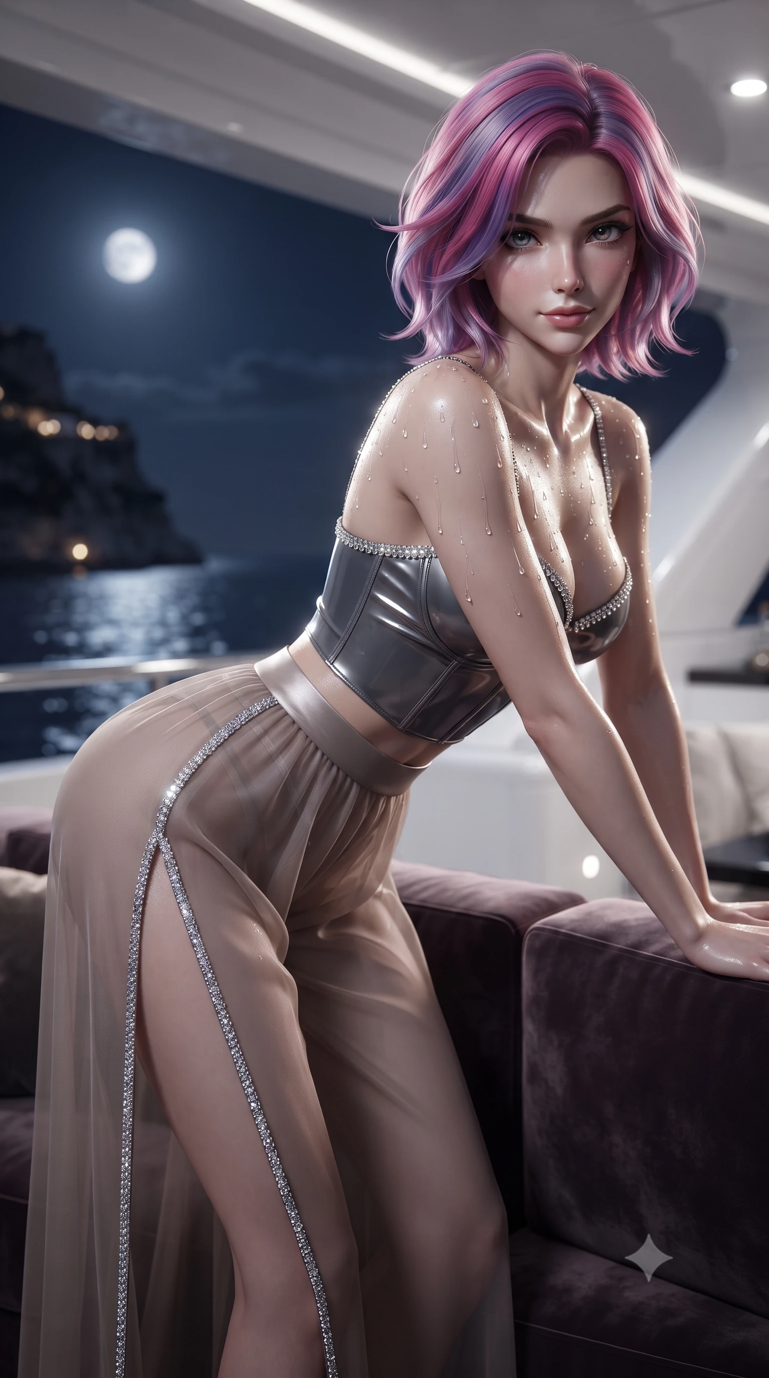 score_9, masterpiece, best quality, ultra-detailed, high-budget anime keyframe, editorial fashion photography, tasteful artistic composition, Caucasian woman. close-up cowboy shot from the waist and thighs up, the character dominates the composition, filling the frame with her large presence. leaning forward over the velvet sofa while arching her lower back to accentuate her curvy hips, looking into the camera with an intoxicating smoldering gaze and bedroom-eyes while twisting her slender torso in an alluring S-curve against the polished white superstructure, silvery moonlight tracing her waist and hip curves. The background shows a soft-focus the dark shimmering Mediterranean sea, distant coastal cliffside lights, and celestial full moon blurred into deep navy, silver, and gold bokeh. She has an exceptionally elegant, slender, and willowy female figure with an ultra-slim waist, flat toned midriff, narrow ribcage, and sculpted feminine hips creating an alluring, slim hourglass silhouette without bulk. sharp v-shaped jawline, high-bridge nose, sparkling eyes with hypnotic seductive depth, thick curled eyelashes, glossy parted lips with a natural dewy peach sheen, alluring bedroom-eyes with an enchanting coquettish smile, exuding magnetic siren charisma and sophisticated high-fashion glamour, flawlessly proportioned anatomical accuracy, strict slender model proportions, natural body alignment, perfectly sculpted long slender limbs, ultra-slim waistline, clean dynamic posture without body distortion. wearing a wet-look form-fitting vinyl bustier paired with sheer chiffon high-slit wide-leg trousers in sheer dusky champagne and glistening crystal trims, crafted from fluid liquid silk satin that clings smoothly to every curve with a dewy sheen, finished with glistening drops of pool water beading across her sculpted shoulders and collarbones, the form-contouring silhouette accentuating her sculpted flat midriff, narrow delicate ribcage, and gracefully curvy hips with intoxicating allure. illuminated by ocean moonbeam bounce and sharp platinum rim lights sculpting her jawline, flat midriff, and curvaceous hips. ultra-reflective glossy finish, specular highlights, rich textural contrasts, high-contrast stereoscopic depth, volumetric dynamic lighting, 2k, ultra detail, master piece, 9:16 ratio