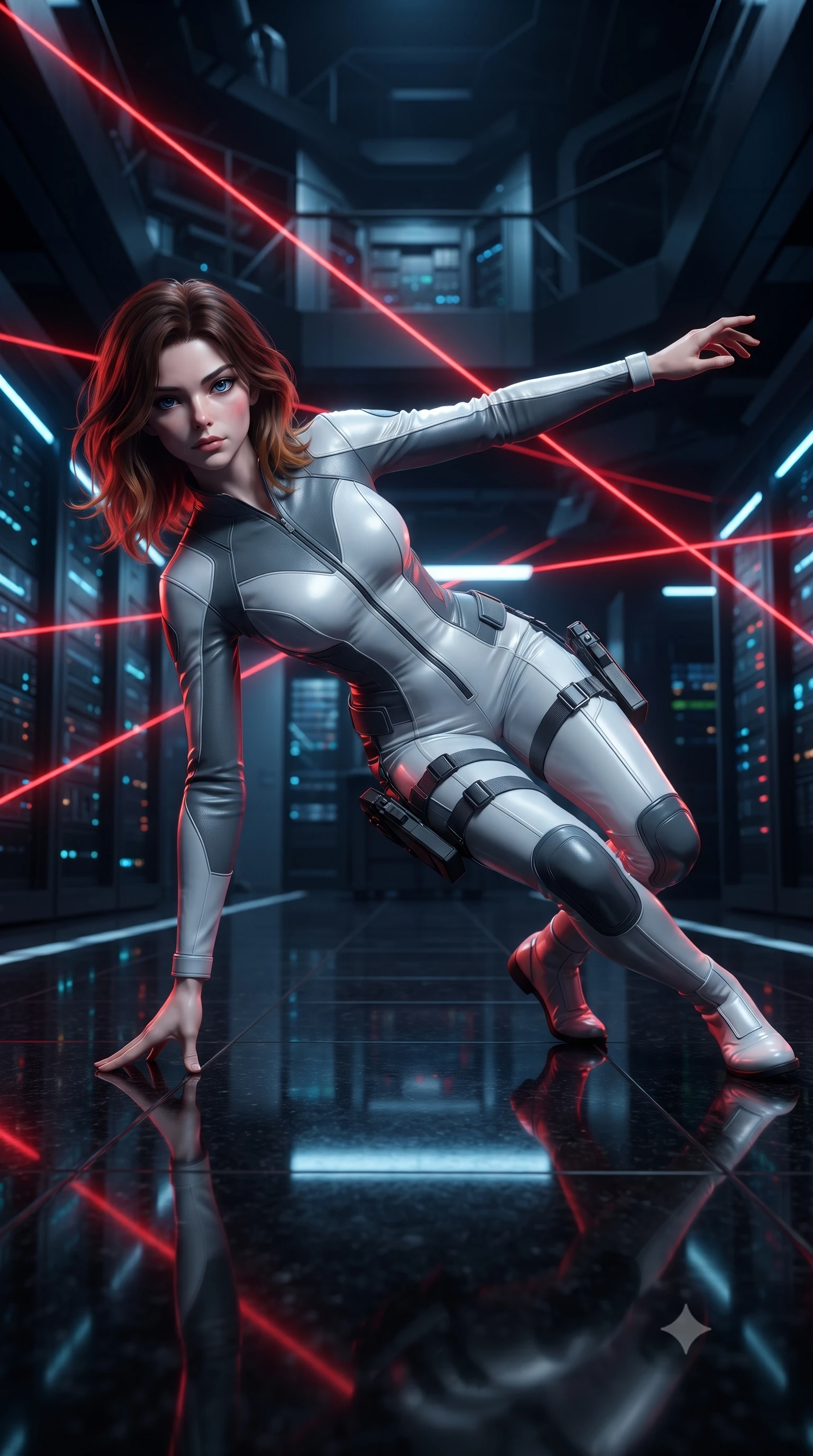 score_9, masterpiece, best quality, ultra-detailed, high-budget anime keyframe, editorial fashion photography, tasteful artistic composition, Korean woman. low angle full-body shot from head to toe showing her feet, filling the entire 9:16 vertical frame with her statuesque presence, stretching her vertical silhouette. executing an elegant mid-motion spin with effortless grace, her garments fluttering softly around her ultra-slim waistline while pivoting dynamically across the polished black granite floor, one hand planted as lasers criss-cross inches above her back. The surrounding environment is rendered in vivid detail and crisp panoramic clarity. deep high-contrast espionage chiaroscuro and ultra-modern data fortress architecture in precision. She has an absolutely perfect, statuesque 8.5-heads proportion, an exceptionally tall and slender model-like female figure with impossibly long slender legs, a toned flat midriff, and an ultra-slim waist. sharp v-shaped jawline, high-bridge nose, intricate jewel-like eyes with depth, thick eyelashes, glossy lips with a natural sheen, captivating and magnetic expression, flawlessly proportioned anatomical accuracy, strict slender model proportions, natural body alignment, perfectly sculpted long slender limbs, ultra-slim waistline, clean dynamic posture without body distortion. wearing a sophisticated covert-ops catsuit with liquid jersey panels and quick-draw thigh holsters in winter stealth arctic white and slate grey, tailored from water-resistant treated wool gabardine and flexible Kevlar, accessorized with a sleek concealed garter holster and pearl ear transmitter, the form-contouring material adhering flawlessly to her sculpted flat midriff and slender torso, emphasizing her long leg lines and perfectly proportioned willowy build. bathed in dramatic intersecting red laser beam illumination and cool blue server indicator glow. ultra-reflective glossy finish, specular highlights, rich textural contrasts, high-contrast stereoscopic depth, volumetric dynamic lighting, 2k, ultra detail, master piece, 9:16 ratio