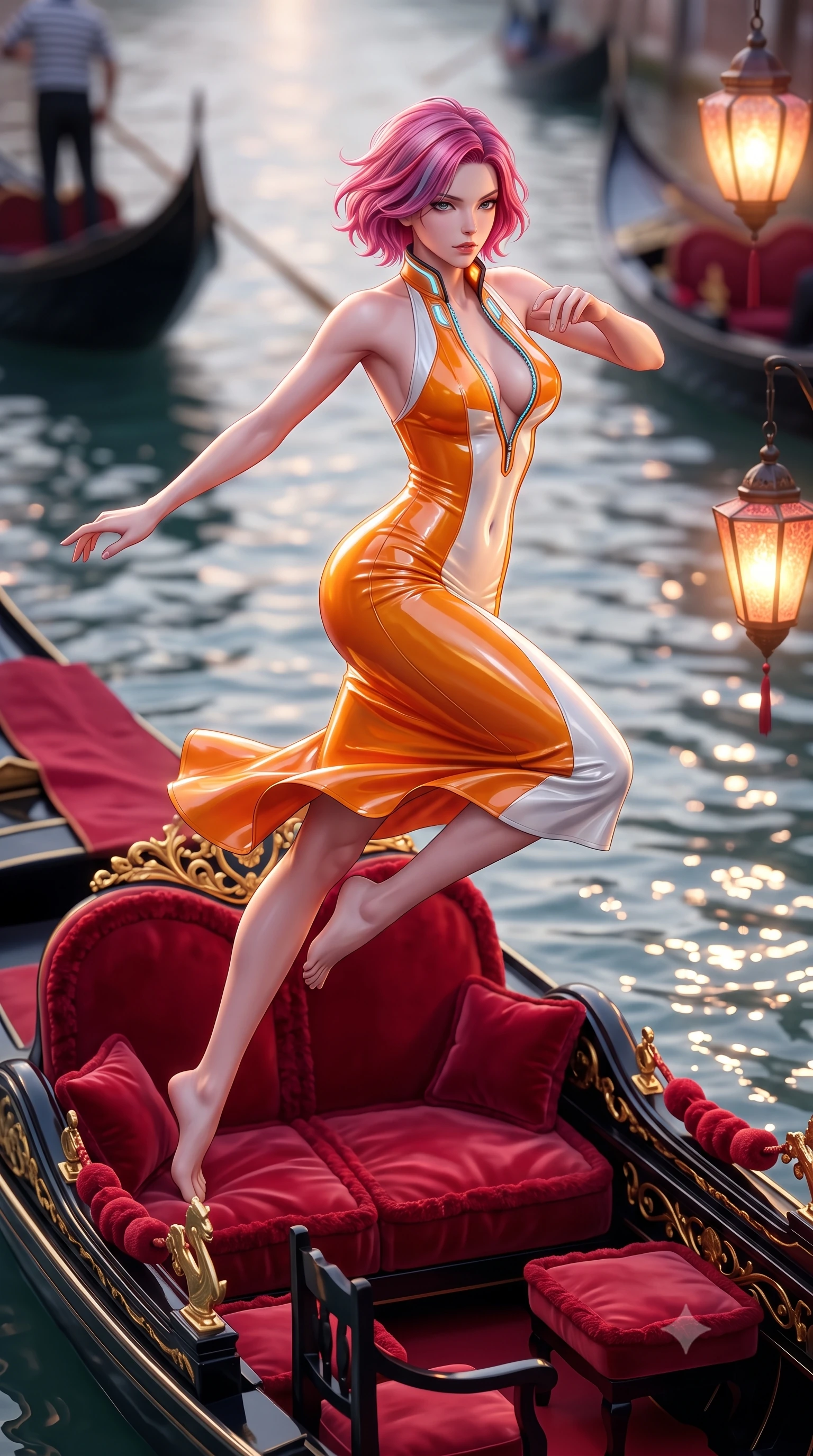 score_9, masterpiece, best quality, ultra-detailed, high-budget anime keyframe, semi-realistic 3D game render, editorial fashion photography, tasteful artistic composition, Caucasian woman. low angle full-body shot from head to toe showing her feet, filling the entire 9:16 vertical frame with her statuesque presence, stretching her vertical silhouette. leaping through mid-air with an athletic yet alluring arch of her spine, her impossibly long slender legs stretched in flawless poise while reclining seductively across crimson velvet cushions on an ornate black and gold gondola gliding along Venice's Grand Canal. The composition keeps background elements in soft focus with creamy bokeh. rippling canal waters and distant gondola silhouettes softened by shallow cinematic depth of field. She has an absolutely perfect, statuesque 8.5-heads proportion, an exceptionally tall and slender model-like female figure with impossibly long slender legs, a toned flat midriff, and an ultra-slim waist. sharp v-shaped jawline, high-bridge nose, intricate jewel-like eyes with depth, thick eyelashes, glossy lips with a natural sheen, flawlessly proportioned anatomical accuracy, strict slender model proportions, natural body alignment, perfectly sculpted long slender limbs, ultra-slim waistline, clean dynamic posture without body distortion. wearing a velvet halter-neck midi dress fitting her statuesque contour flawlessly with a Tasteful chest slit and open spine in vivid sunset amber orange and cloud white, formed from high-gloss patent material with specular light reflections, featuring a dangerously unzipped neckline framed by glowing cybernetic accents, the form-contouring material adhering flawlessly to her sculpted flat midriff and slender torso, emphasizing her long leg lines and perfectly proportioned willowy build. bathed in warm glowing Murano lantern light and sparkling canal water surface reflections. highly saturated vibrant anime colors, detailed shading with soft gradients, rich glossy textures, high-contrast stereoscopic depth, volumetric dynamic lighting, master piece, 9:16 ratio