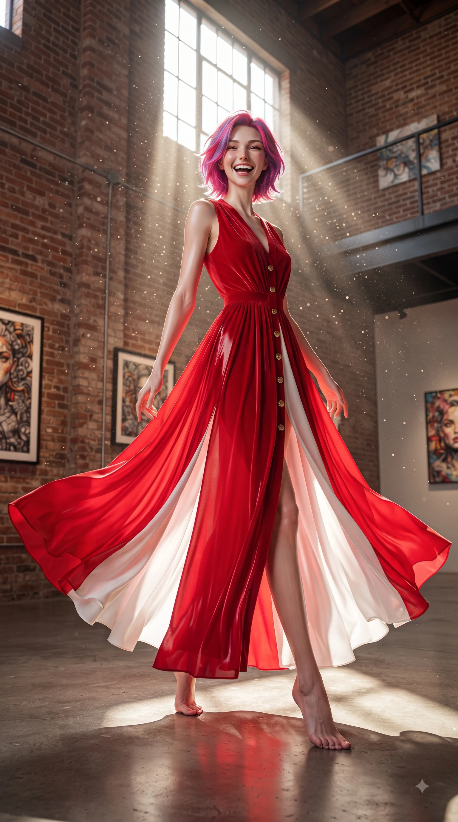 score_9, masterpiece, best quality, ultra-detailed, high-budget anime keyframe, editorial fashion photography, tasteful artistic composition, Caucasian woman. low angle full-body shot from head to toe showing her feet, filling the entire 9:16 vertical frame with her statuesque presence, stretching her vertical silhouette. Beaming joyful energy with a infectious laughter that brightens the entire composition while pivoting near a high factory window as volumetric dust motes sparkle in golden sunbeams. The surrounding environment is rendered in vivid detail and crisp panoramic clarity. raw exposed brick walls, polished concrete floors, and detailed gallery artwork in high clarity. She has an absolutely perfect, statuesque 8.5-heads proportion, an exceptionally tall and slender model-like female figure with impossibly long slender legs and an ultra-slim waist. sharp v-shaped jawline, high-bridge nose, intricate jewel-like eyes with depth, thick eyelashes, glossy lips with a natural sheen, flawlessly proportioned anatomical accuracy, natural body alignment, perfectly sculpted elegant limbs, clean dynamic posture without body distortion. wearing a vibrant scarlet red chiffon maxi dress with a dramatic flowing skirt in vibrant crimson red and crisp snow white, made of premium stretch velvet with a rich glossy sheen, finished with gold metallic hardware buttons along the front, the chic fashion cut framing her graceful clavicle and slender torso. surrounded by a chic, intellectual, and artistic urban editorial atmosphere. ultra-reflective glossy finish, specular highlights, metallic sheen, high-contrast stereoscopic depth, volumetric dynamic lighting, 2k, ultra detail, master piece, 9:16 ratio