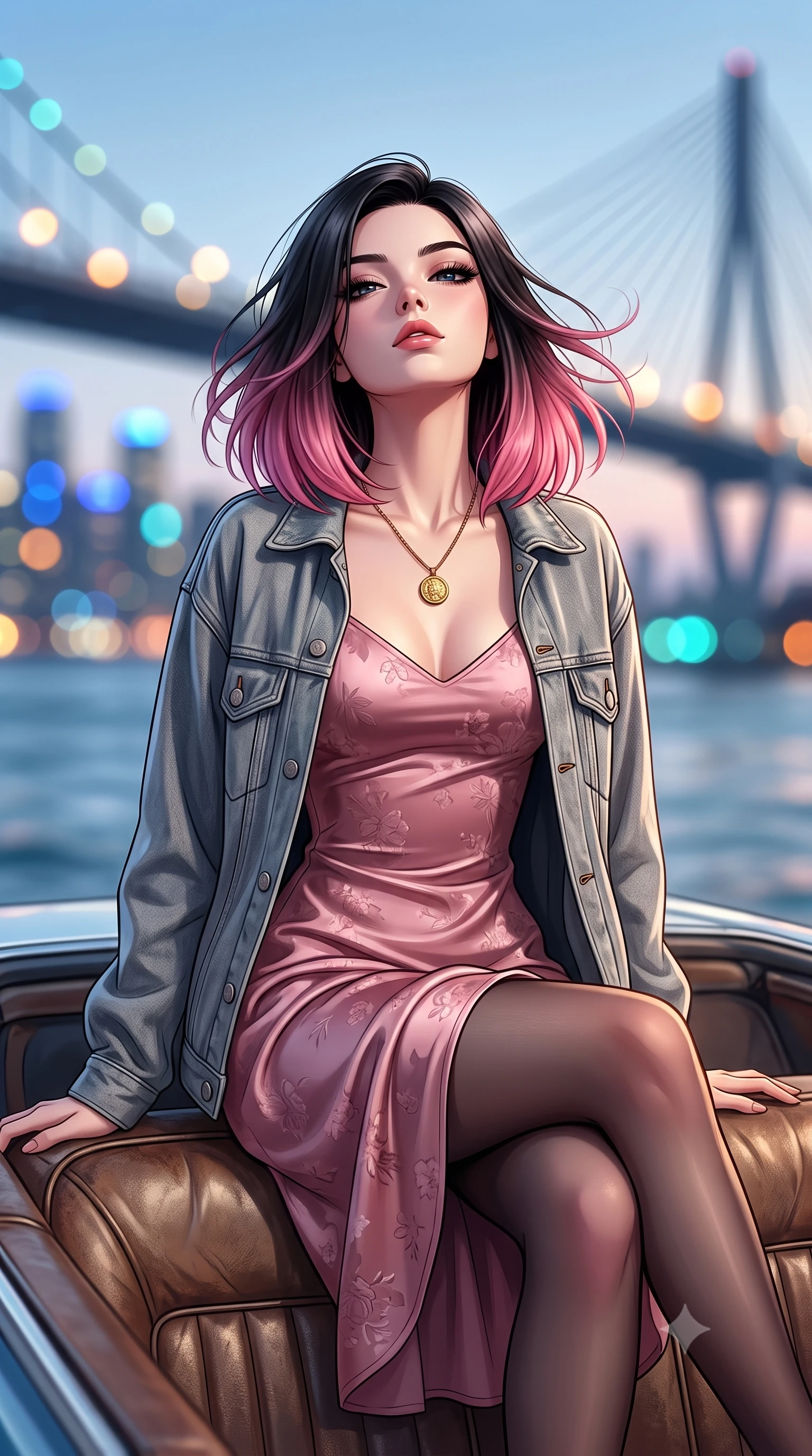 score_9, masterpiece, best quality, ultra-detailed, high-budget anime keyframe, semi-realistic 3D game render, editorial fashion photography, tasteful artistic composition, Korean woman. close-up cowboy shot from the waist and thighs up, the character dominates the composition, filling the frame with her large presence. tilting her chin up with proud, sovereign confidence while gazing directly into the lens with thick, dark eyelashes while sitting on the leather seat of an open-top classic cruiser, head tilted back as ocean breeze tangles her hair. The composition keeps background elements in soft focus with creamy bokeh. distant city harbor skylines and suspension bridge cable lights blurred into soft sapphire, amber, and turquoise bokeh. She has an exceptionally elegant, slender, and willowy female figure with an ultra-slim waist, a gracefully sculpted slender torso, toned flat midriff, and a refined slim silhouette. sharp v-shaped jawline, high-bridge nose, intricate jewel-like eyes with depth, thick eyelashes, glossy lips with a natural sheen, captivating and magnetic expression, flawlessly proportioned anatomical accuracy, strict slender model proportions, natural body alignment, perfectly sculpted long slender limbs, ultra-slim waistline, clean dynamic posture without body distortion. wearing a romantic 90s silk satin slip dress layered under an unbuttoned vintage oversized denim jacket in dusty rose pink and vintage heather grey, crafted from liquid-smooth silk satin with subtle floral jacquard, accented with a vintage gold coin pendant necklace and dark sheer tights, the breezy yet form-flattering drape swaying gracefully with her steps, accentuating her long willowy limbs and slim waistline. illuminated by crisp metallic reflections tracing her ultra-slim waistline, collarbones, and long legs. highly saturated vibrant anime colors, detailed shading with soft gradients, rich glossy textures, high-contrast stereoscopic depth, volumetric dynamic lighting, master piece, 9:16 ratio