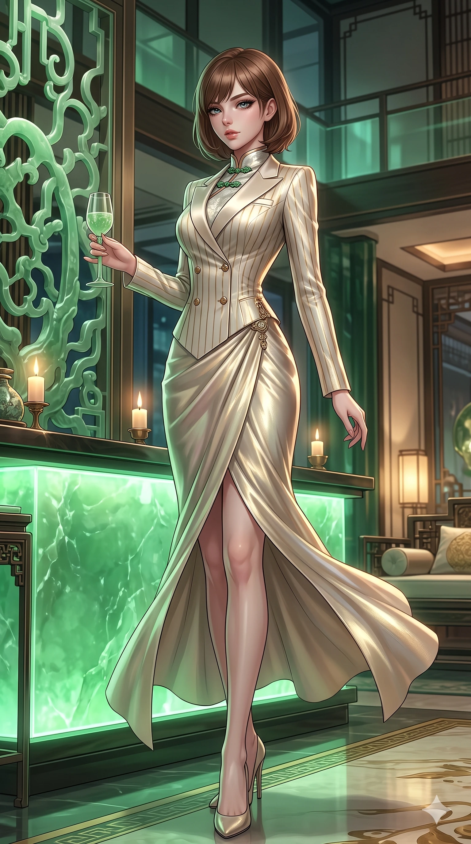 score_9, masterpiece, best quality, ultra-detailed, high-budget anime keyframe, semi-realistic 3D game render, editorial fashion photography, tasteful artistic composition, Caucasian woman. low angle full-body shot from head to toe showing her feet, filling the entire 9:16 vertical frame with her statuesque presence, stretching her vertical silhouette. executing a slow, graceful pivot turn as her silk wrap skirt sways around her slender legs, glancing back with an enchanting, teasing sensual expression while standing poised beside the sculptural jade screen, arching her lower back with sovereign supermodel poise while holding a jade-stemmed glass. The surrounding environment is rendered in vivid detail and crisp panoramic clarity: intricate second-skin silk dress tailoring, jeweled clasp hardware, and luxury Oriental modern interior design in razor-sharp precision. She has an exceptionally tall and slender model-like 8.5-heads proportion, an ultra-slim waist, a flat toned midriff, narrow delicate ribcage, and beautifully sculpted feminine hips creating a graceful, slim hourglass silhouette without any bulky heaviness, with impossibly long slender legs. sharp v-shaped jawline, high-bridge nose, intricate jewel-like sparkling eyes with depth, thick eyelashes, glossy parted lips with a natural sheen, intensely captivating and seductive bedroom-eyes expression, exuding both youthful cute charm and sovereign luxury allure, flawlessly proportioned anatomical accuracy, strict slender model proportions, natural body alignment, perfectly sculpted long slender limbs, ultra-slim waistline, clean dynamic posture without body distortion. wearing a tailored double-breasted tuxedo evening dress with structured satin lapels and metallic pinstripes in Istrian stone cream and antique gold-leaf, crafted from luxurious metallic lamé that shifts radiance with every step, finished with sleek jade frog closures glinting along her high collar, the bespoke structured tailoring following the natural line of her 8.5-heads silhouette with refined elegance. bathed in the ethereal, soothing emerald-green luminescence of the backlit jade counter combined with warm candlelit accent lights. highly saturated vibrant anime colors, detailed shading with soft gradients, rich glossy textures, high-contrast stereoscopic depth, volumetric dynamic lighting, master piece, 9:16 ratio