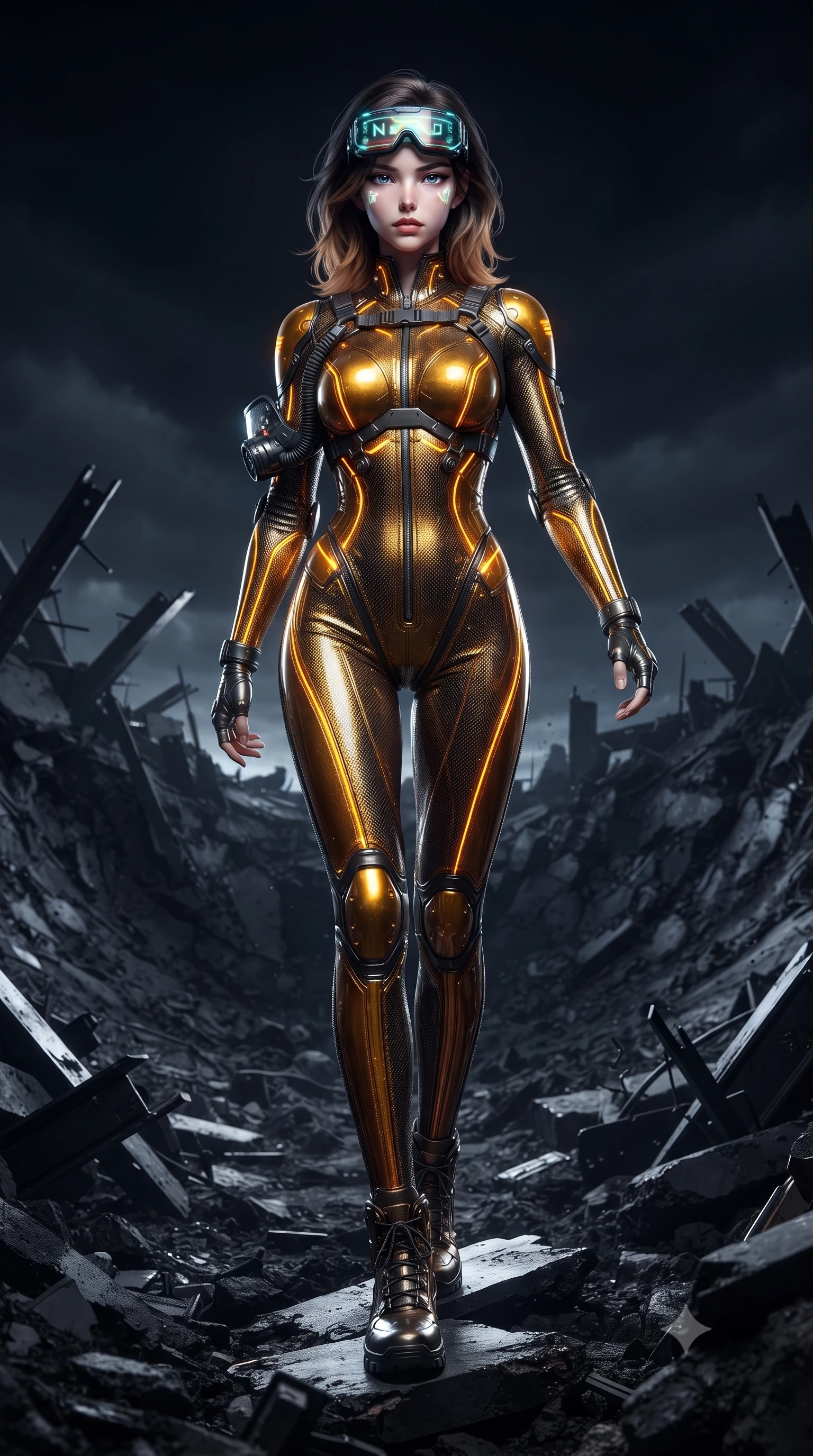 score_9, masterpiece, best quality, ultra-detailed, high-budget anime keyframe, editorial fashion photography, tasteful artistic composition, Korean woman. low angle full-body shot from head to toe showing her feet, filling the entire 9:16 vertical frame with her statuesque presence, stretching her vertical silhouette. striding forward with sovereign warrior elegance in a low, predatory combat advance through the ruins, hips swaying with fierce athletic poise while stepping forward through the blackened crater with rebreather unlatched on one side, revealing her glossy lips and sharp jawline. The surrounding environment is rendered in vivid detail and crisp panoramic clarity. transcendent chiaroscuro contrast between blinding electrical arc flashes and pitch-black nocturnal shadows in precision. She has an absolutely perfect, statuesque 8.5-heads proportion, an exceptionally tall and slender model-like female figure with impossibly long slender legs, a toned flat midriff, and an ultra-slim waist. sharp v-shaped jawline, high-bridge nose, intricate jewel-like eyes with depth, thick eyelashes, glossy lips with a natural sheen, fierce and resolute heroine expression, flawlessly proportioned anatomical accuracy, strict slender model proportions, natural body alignment, perfectly sculpted long slender limbs, ultra-slim waistline, clean dynamic posture without body distortion. wearing high-tech holographic tactical goggles resting tipped up on her forehead, casting glowing neon runes across her brow without obscuring her features, paired with a tailored tactical combat jumpsuit with an open-back harness design, reinforced composite breastplate, and high-mobility elbow dampers in molten amber-gold carbon cuirass with dark gunmetal weave, crafted from semi-translucent cybernetic carbon-vinyl interwoven with glowing micro-filaments, finished with high-mobility flexible armor articulation seams and miniature magnetic locks, the form-contouring material adhering flawlessly to her sculpted flat midriff and slender torso, emphasizing her long leg lines and perfectly proportioned willowy build. surrounded by an electrifying, invincible, and radiantly transcendent dystopian heroine aura. ultra-reflective glossy finish, specular highlights, dark metallic sheen, high-contrast stereoscopic depth, volumetric dynamic lighting, 2k, ultra detail, master piece, 9:16 ratio