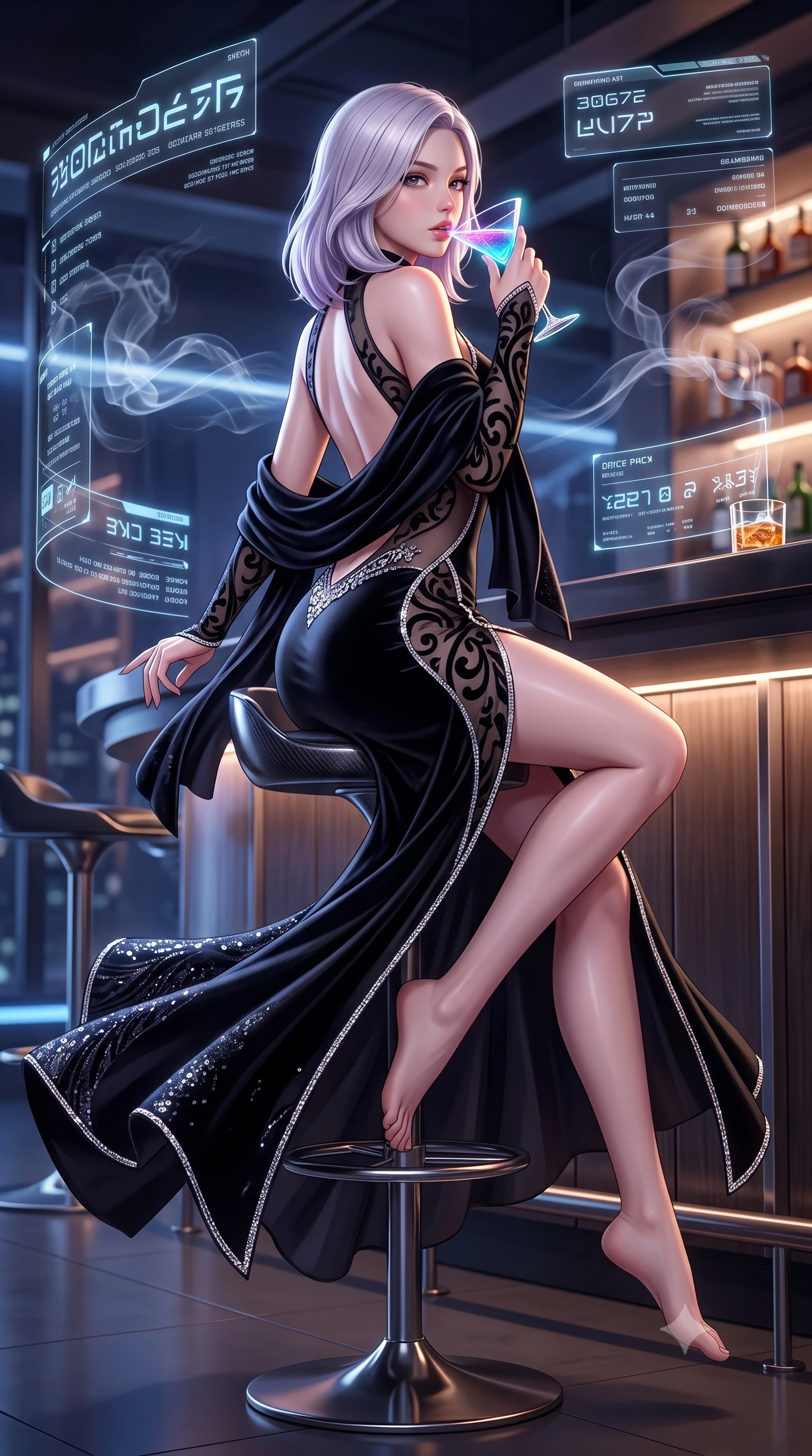score_9, masterpiece, best quality, ultra-detailed, high-budget anime keyframe, semi-realistic 3D game render, editorial fashion photography, tasteful artistic composition, Caucasian woman. low angle full-body shot from head to toe showing her feet, filling the entire 9:16 vertical frame with her statuesque presence, stretching her vertical silhouette. executing an elegant mid-motion pivot turn as garments swirl around her slender limbs, glancing over her shoulder with an intoxicating bedroom-gaze while sitting high on a polished carbon barstool with legs crossed, arching her lower back while holding a glowing neon cocktail to her parted glossy lips. The surrounding environment is rendered in vivid detail and crisp panoramic clarity. detailed sequin dress shimmer, smoke ribbon filaments, and holographic interface typography in high resolution. She has an exceptionally tall and slender model-like 8.5-heads proportion, an ultra-slim waist, a flat toned midriff, narrow delicate ribcage, and beautifully sculpted feminine hips creating a graceful, slim hourglass silhouette without any bulky heaviness, with impossibly long slender legs. sharp v-shaped jawline, high-bridge nose, intricate jewel-like eyes with depth, thick eyelashes, glossy parted lips with a natural sheen, intensely captivating and seductive bedroom-eyes expression, flawlessly proportioned anatomical accuracy, strict slender model proportions, natural body alignment, perfectly sculpted long slender limbs, ultra-slim waistline, clean dynamic posture without body distortion. wearing an open-back duchess satin gala gown with a dramatic hip-hugging drape and cascading trailing hem in pitch-black velvet with diamond crystal trim, made of sheer contouring power-mesh with velvet flocking patterns, complemented by a plush velvet shawl draped loosely over her elbows, the glove-like aerodynamic silhouette tightly following the natural contour of her hips and long slender legs with statuesque 8.5-heads elegance. illuminated by crisp directional edge lights defining her sculpted clavicle, flat midriff, and rounded hips. highly saturated vibrant anime colors, detailed shading with soft gradients, rich glossy textures, high-contrast stereoscopic depth, volumetric dynamic lighting, master piece, 9:16 ratio
