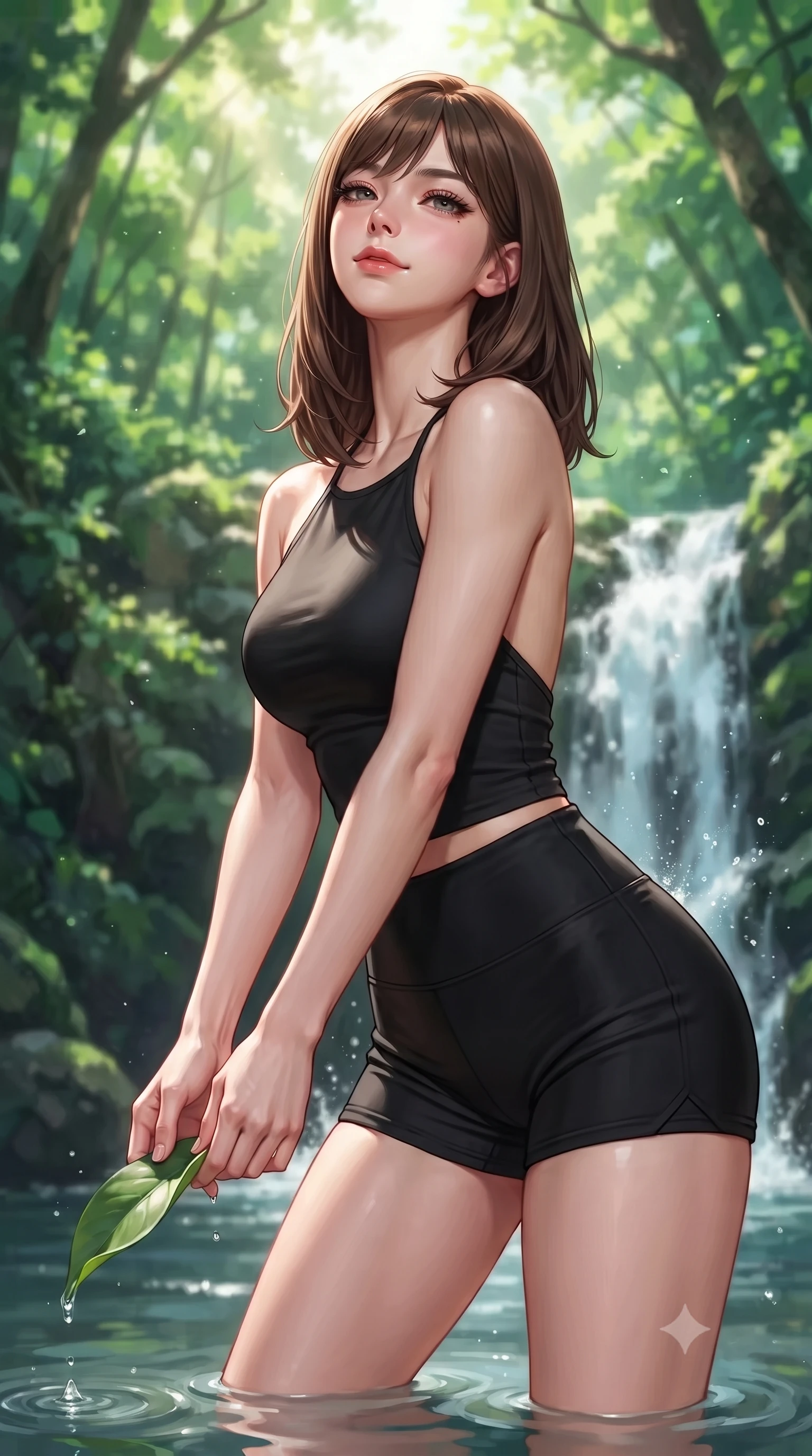score_9, masterpiece, best quality, ultra-detailed, high-budget anime keyframe, editorial fashion photography, tasteful artistic composition, Korean woman. close-up cowboy shot from the waist and thighs up, the character dominates the composition, filling the frame with her large presence, background elements kept in soft focus. tilting her chin up with a composed yet magnetic gaze under long dark eyelashes set against a soft-focus background of near a beautiful forest waterfall with clean water splashing into a pool holding a smooth green leaf with a happy, refreshed expression. She has an exceptionally elegant, slender, and willowy female figure with an ultra-slim waist, a gracefully sculpted slender torso, and a refined silhouette. sharp v-shaped jawline, high-bridge nose, intricate jewel-like eyes with depth, thick eyelashes, glossy lips with a natural sheen. wearing slim-fit backless activewear halter top in black, paired with sporty shorts. dappled sunbeams filtering through the dense green forest canopy. highly saturated vibrant anime colors, detailed shading with soft gradients, rich glossy textures, high-contrast stereoscopic depth, volumetric dynamic lighting, master piece, 9:16 ratio
