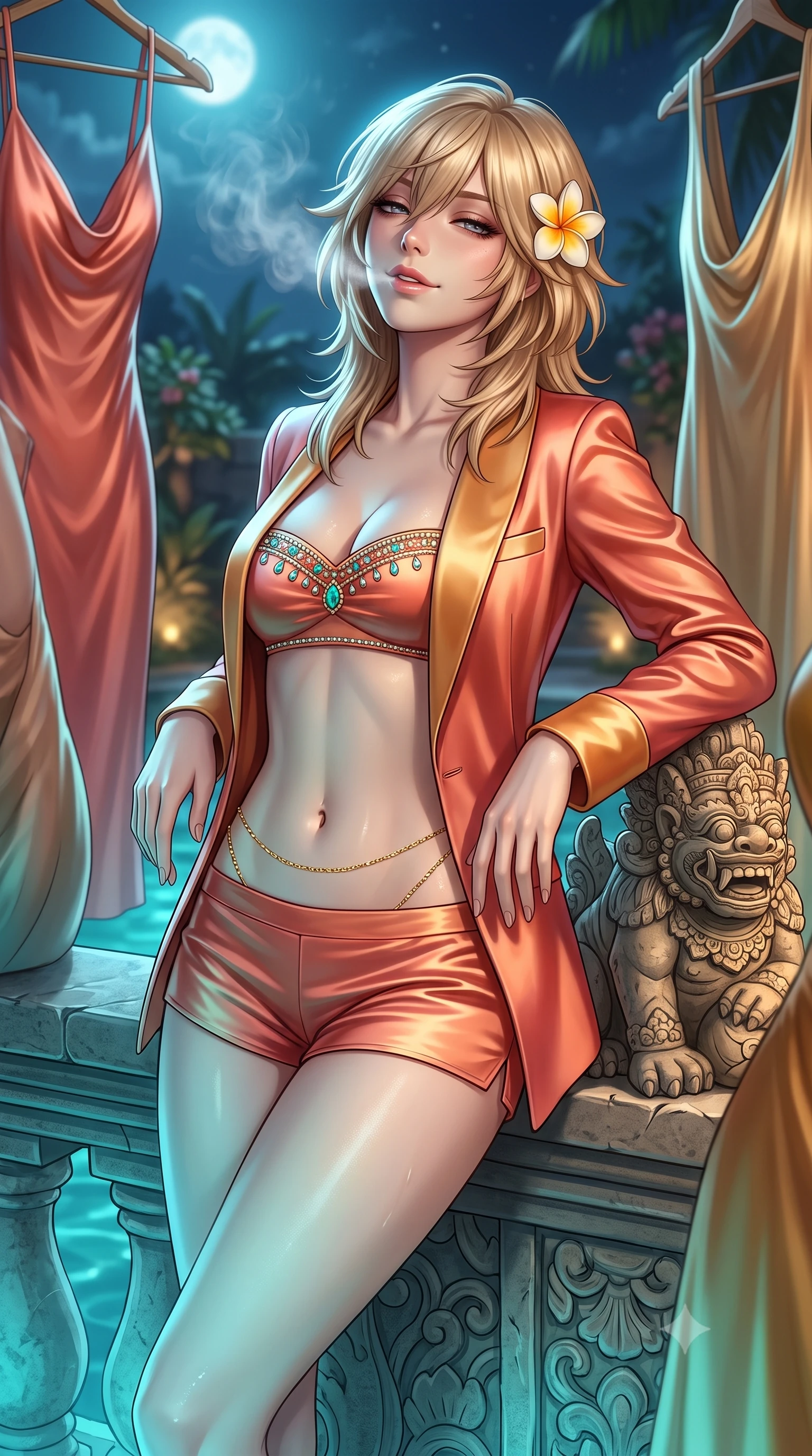 score_9, masterpiece, best quality, ultra-detailed, high-budget anime keyframe, semi-realistic 3D game render, editorial fashion photography, tasteful artistic composition, Japanese woman. close-up cowboy shot from the waist and thighs up, the character dominates the composition, filling the frame with her large presence. leaning back against the balustrade with relaxed seductive grace, head tilted back slightly while casting a hypnotic, heavy-lidded gaze while leaning against the carved stone Balinese guardian statue with hips cocked back, looking through rising water vapor with bedroom-eyes. The surrounding environment is rendered in vivid detail and crisp panoramic clarity: detailed plunging cowl-neck liquid silk slip gown cling, frangipani flower tucked behind ear, and organic resort landscaping in high resolution. She has an exceptionally elegant, slender, and willowy female figure with an ultra-slim waist, flat toned midriff, narrow ribcage, and sculpted feminine hips creating an alluring, slim hourglass silhouette without bulk. sharp v-shaped jawline, high-bridge nose, sparkling eyes with hypnotic seductive depth, thick curled eyelashes, glossy parted lips with a natural dewy peach sheen, alluring bedroom-eyes with an enchanting coquettish smile, exuding magnetic siren charisma and sophisticated glamour, flawlessly proportioned anatomical accuracy, strict slender model proportions, natural body alignment, perfectly sculpted long slender limbs, ultra-slim waistline, clean dynamic posture without body distortion. wearing a tailored open-front satin smoking jacket worn over a jewel-embellished bandeau and micro-shorts in Bali tropical frangipani coral and warm honey, crafted from fluid liquid silk satin that clings smoothly to every curve with a dewy sheen, accented with a dainty gold belly chain resting across her flat midriff and curving hips, the high-slit wrap tailoring accentuating her ultra-slim waistline and the enchanting curve of her feminine hips with alluring seductive charm. bathed in luminous underwater aquamarine spring lighting paired with soft warm garden uplights and full moonlight. highly saturated vibrant anime colors, detailed shading with soft gradients, rich glossy textures, high-contrast stereoscopic depth, volumetric dynamic lighting, master piece, 9:16 ratio