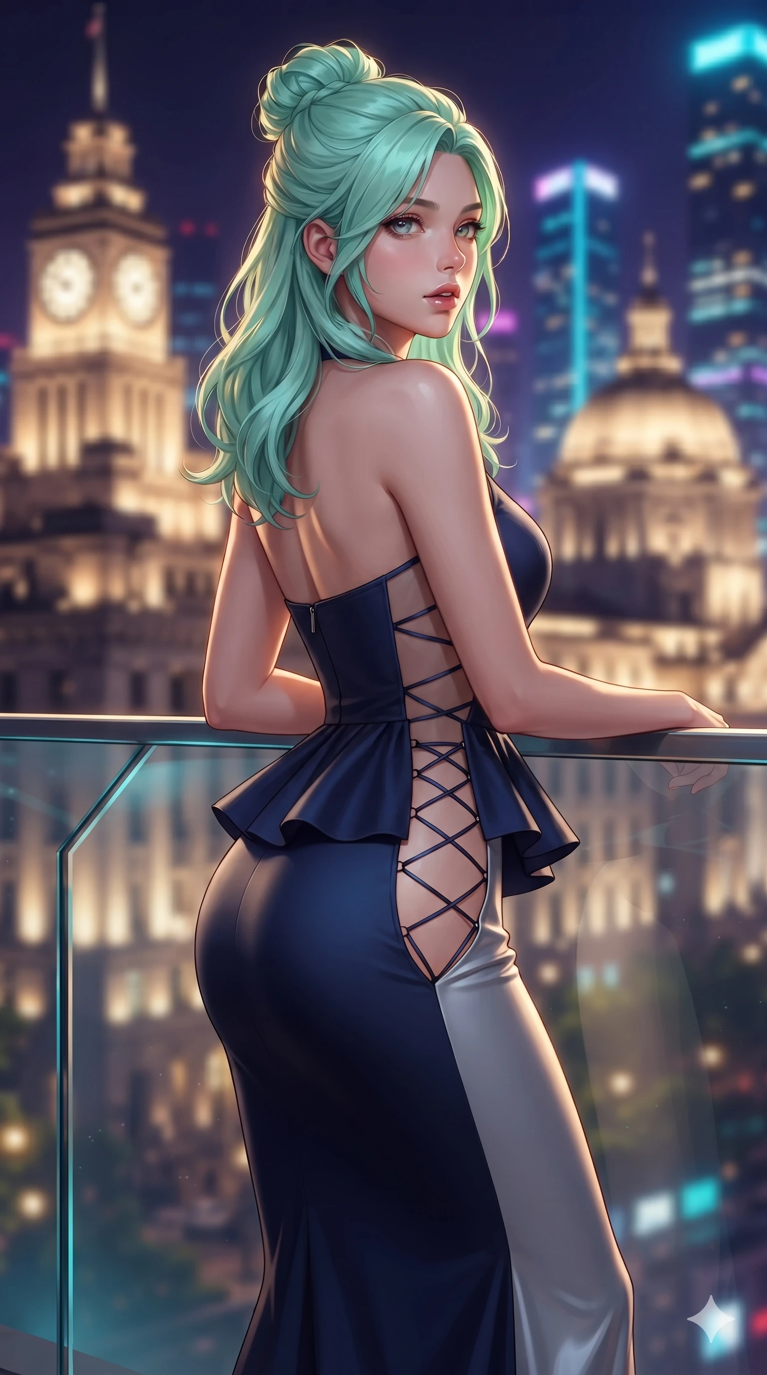 score_9, masterpiece, best quality, ultra-detailed, high-budget anime keyframe, editorial fashion photography, tasteful artistic composition, Japanese woman. close-up cowboy shot from the waist and thighs up, the character dominates the composition, filling the frame with her large presence. posing in an alluring rear three-quarter angle, looking over a bare shoulder with parted glossy lips, her hips cocked back to highlight her slim hourglass curve while leaning against the aerodynamic glass balustrade with hips cocked back, gazing into the glittering twilight expanse with intoxicating bedroom-eyes. The background shows a soft-focus classical colonial stone clock towers and neoclassical domes blending into soaring cyberpunk neon skyscrapers blurred into gold, cyan, and deep violet bokeh. She has an exceptionally elegant, slender, and willowy female figure with an ultra-slim waist, flat toned midriff, narrow ribcage, and sculpted feminine hips creating an alluring, slim hourglass silhouette without bulk. sharp v-shaped jawline, high-bridge nose, intricate jewel-like sparkling eyes with depth, thick eyelashes, glossy parted lips with a natural sheen, intensely captivating and seductive bedroom-eyes expression, exuding both youthful cute charm and sovereign luxury allure, flawlessly proportioned anatomical accuracy, strict slender model proportions, natural body alignment, perfectly sculpted long slender limbs, ultra-slim waistline, clean dynamic posture without body distortion. wearing a structural geometric peplum gown with sheer side-ribbon cutouts and form-fitting skirt in midnight sapphire blue and liquid platinum, tailored from heavy double-faced silk georgette with an exceptionally fluid drape, featuring fine criss-cross lace-up side ties revealing tantalizing glimpses of her hip curve, the bespoke structured tailoring following the natural line of her 8.5-heads silhouette with refined elegance. illuminated by glass floor bounce and sharp gold-cyan rim lights defining her razor-sharp jawline, narrow waist, and curvy hips. ultra-reflective glossy finish, specular highlights, rich textural contrasts, high-contrast stereoscopic depth, volumetric dynamic lighting, 2k, ultra detail, master piece, 9:16 ratio