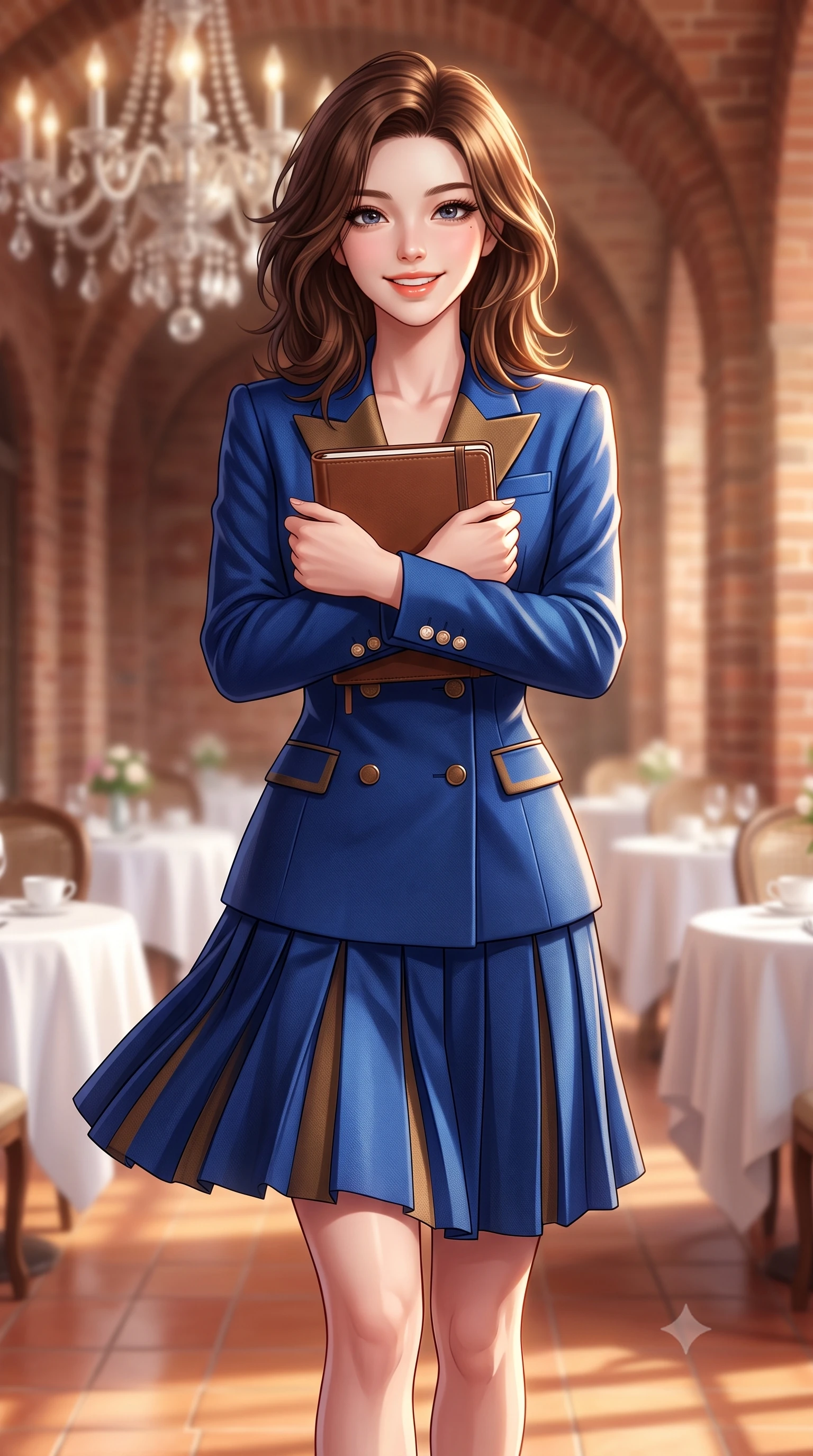 score_9, masterpiece, best quality, ultra-detailed, high-budget anime keyframe, semi-realistic 3D game render, editorial fashion photography, tasteful artistic composition, Korean woman. close-up cowboy shot from the waist and thighs up, the character dominates the composition, filling the frame with her large presence. holding a leather notebook close to her chest with both arms, smiling delightfully with youthful scholarly grace while walking along the sunny brick arched gallery, her wool pleated skirt swaying in graceful cadence with each step. The background shows a soft-focus antique crystal chandelier and white linen tea tables softened in royal afternoon tea shallow focus. She has an exceptionally elegant, slender, and willowy female figure with an ultra-slim waist, flat toned midriff, narrow ribcage, and sculpted feminine hips creating an alluring, slim hourglass silhouette without bulk. sharp v-shaped jawline, high-bridge nose, intricate jewel-like sparkling eyes with depth, thick eyelashes, glossy parted lips with a natural peach sheen, bright cheerful beaming smile with an enchanting and coquettish sensual glint, exuding both youthful cute charm and seductive allure, flawlessly proportioned anatomical accuracy, strict slender model proportions, natural body alignment, perfectly sculpted long slender limbs, ultra-slim waistline, clean dynamic posture without body distortion. wearing a refined double-breasted wool gabardine pantsuit with clean minimalist tailoring and a concealed placket in royal sapphire blue and antique brushed bronze, made of luxurious brushed wool flannel with rich textural depth and clean structure, finished with fine mother-of-pearl cuff buttons catching the soft ambient light, the sharp shoulder tailoring and gently nipped waist framing her slender torso with pristine sartorial perfection. illuminated by terracotta floor reflection fill and warm golden rim lights defining her delicate collar and willowy silhouette. highly saturated vibrant anime colors, detailed shading with soft gradients, rich glossy textures, high-contrast stereoscopic depth, volumetric dynamic lighting, master piece, 9:16 ratio