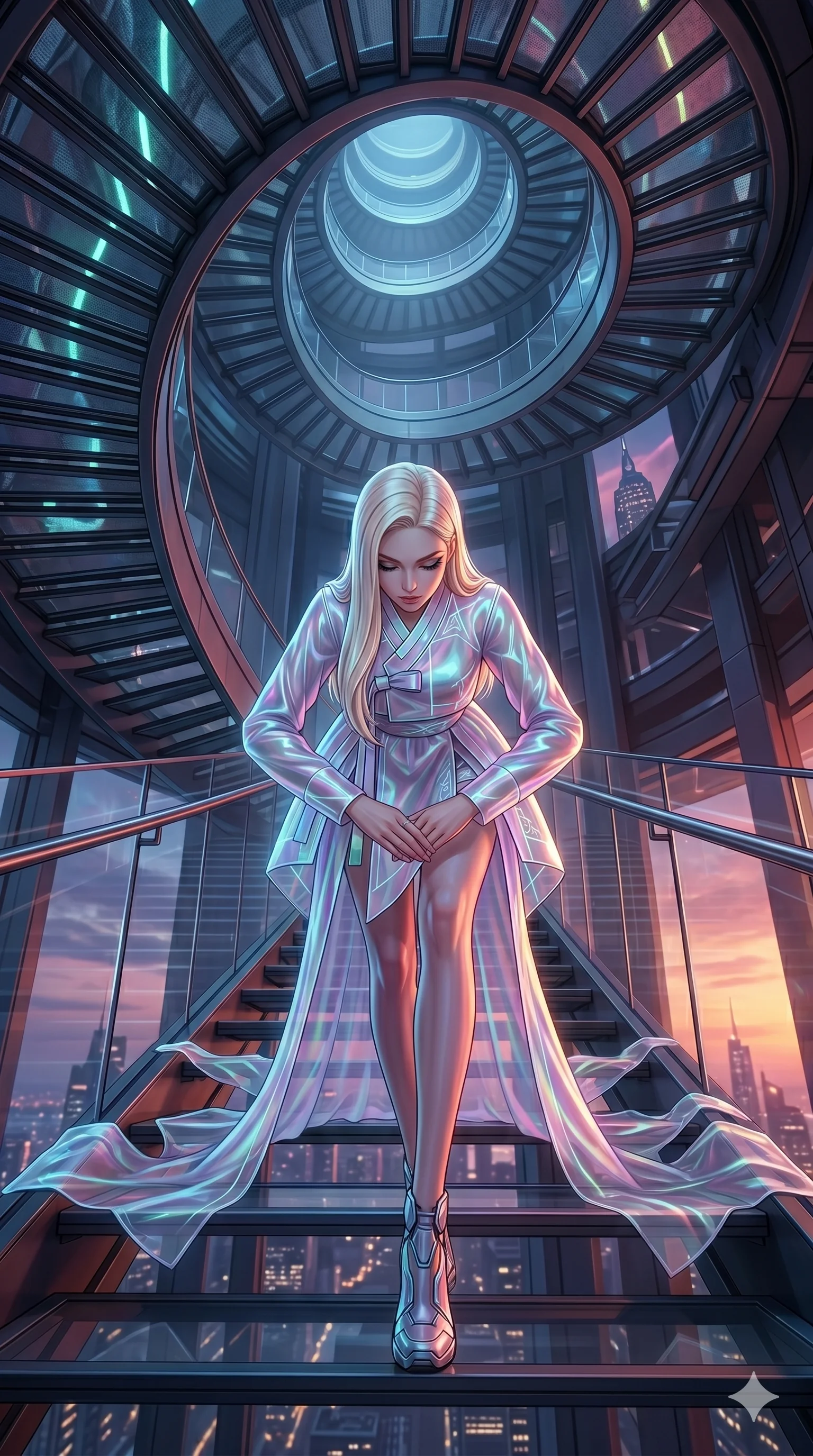 score_9, masterpiece, best quality, ultra-detailed, semi-realistic 3D game render, high-fidelity textures, Unreal Engine 5 style, Caucasian (strictly human ears) woman. Dynamic full-body shot stretching the vertical silhouette with extreme perspective. performing an elegant bow while descending from a spiral staircase. She has an absolutely perfect 8-heads proportion, an exceptionally tall and slender female figure with an ultra-slim waist and impossibly long slender legs. strictly human anatomy, two legs only, no extra limbs, clearly defined legs and arms, perfect anatomy, perfect hands and fingers. sharp v-shaped jawline, high-bridge nose, intricate jewel-like eyes, thick eyelashes, glossy lips. Wearing Modern Traditional: Shortened cyber-hanbok with fusion silk robes and transparent panels. The scene is illuminated by dramatic atmospheric lighting and vibrant color palettes. , 2k, ultra detail, master piece, 9:16 ratio