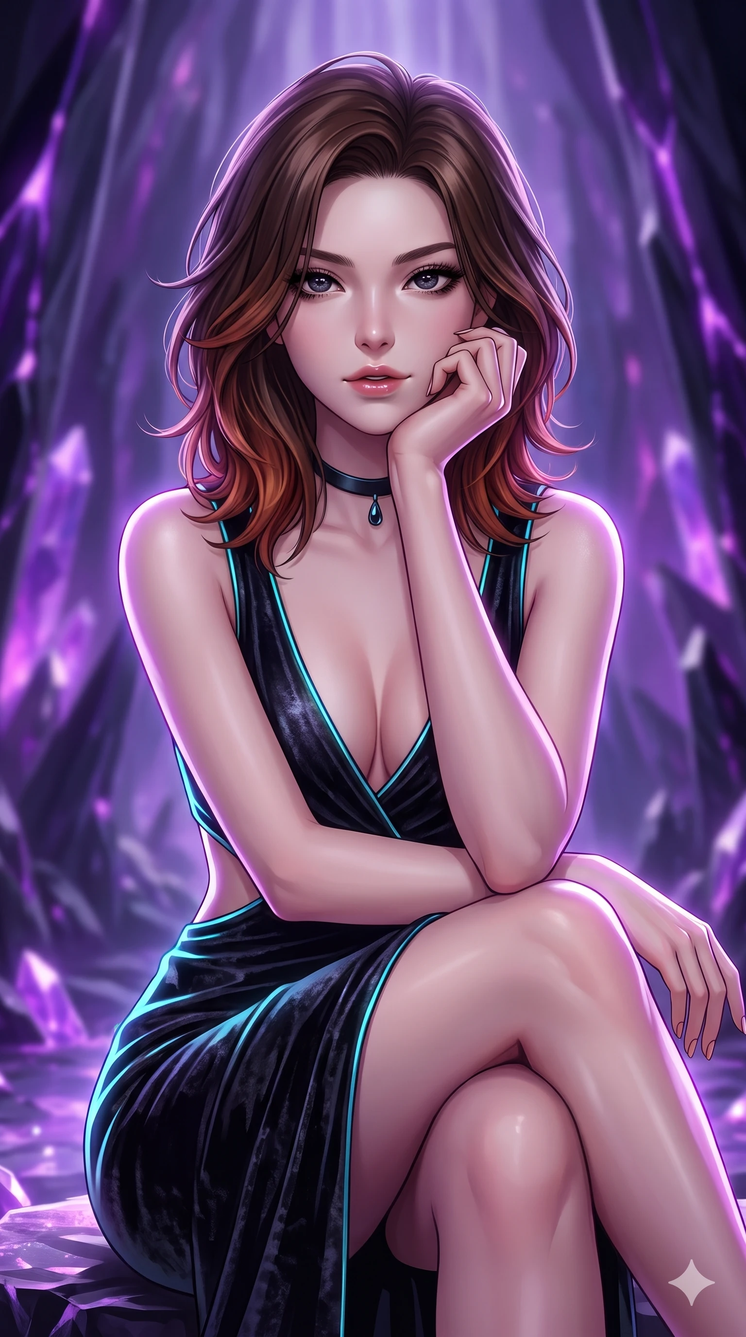 score_9, masterpiece, best quality, ultra-detailed, high-budget anime keyframe, semi-realistic 3D game render, editorial fashion photography, tasteful artistic composition, Korean woman. close-up cowboy shot from the waist and thighs up, the character dominates the composition, filling the frame with her large presence. resting her chin on the backs of her fingers with an air of effortless superiority and parted glossy lips while navigating an obsidian needle monolith chamber illuminated by dark violet crystal veins, glowing amethyst veins in the obsidian walls casting an eerie inner glow. The background shows a soft-focus underground volcanic crystal cavern softened in otherworldly geological shallow focus. She has an exceptionally elegant, slender, and willowy female figure with an ultra-slim waist, flat toned midriff, narrow ribcage, and sculpted feminine hips creating an alluring, slim hourglass silhouette without bulk. sharp v-shaped jawline, high-bridge nose, intricate jewel-like dark sparkling eyes with hypnotic seductive depth, thick curled eyelashes, glossy parted lips with a natural wine sheen, alluring bedroom-eyes with an enigmatic smoldering smile, exuding magnetic sovereign charisma and dark avant-garde glamour, flawlessly proportioned anatomical accuracy, strict slender model proportions, natural body alignment, perfectly sculpted long slender limbs, ultra-slim waistline, clean dynamic posture without body distortion. wearing a slinky deep-V liquid dark jersey cocktail dress with waist cutout accentuating her curves in neon cyan edge-glow and dark carbon black, tailored from crushed dark velvet with deep light-absorbing plush texture, finished with a minimalist dark choker and a single teardrop pendant, the liquid-tight tailored fabric clinging flawlessly to her narrow waist and rounded feminine hips, emphasizing every millimeter of her sculpted slim hourglass curves without any bulky heaviness. illuminated by crystalline floor bounce and sharp amethyst-violet rim lights defining her razor-sharp jawline, narrow waist, and curvy hips. highly saturated vibrant anime colors, detailed shading with soft gradients, rich glossy textures, high-contrast stereoscopic depth, volumetric dynamic lighting, master piece, 9:16 ratio