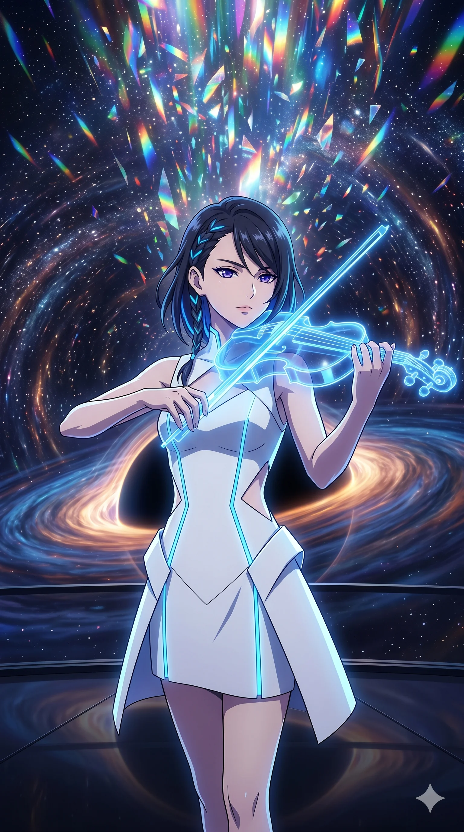 score_9, masterpiece, best quality, ultra-detailed, Set A: High-budget Anime Keyframe, Japanese woman. Upper body close-up from the thighs up, character filling the screen for maximum presence. Theme: Historical Remix. playing a holographic violin in the edge of a black hole, with a look of serene power as the sky splits into 128 colors. The atmosphere is filled with a swirling vortex of stars. She has an absolutely perfect 8-heads proportion, an exceptionally tall and slender female figure with impossibly long slender legs and an ultra-slim waist. Sharp v-shaped jawline, high-bridge nose, intricate jewel-like eyes with depth, glossy lips. Wearing Minimalist architectural white dress with sharp angles and glowing blue trim. Cinematic lighting, vivid colors, dramatic shadows, 2k, ultra detail, master piece, 9:16 ratio