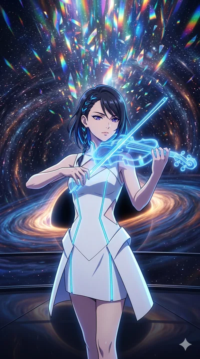 score_9, masterpiece, best quality, ultra-detailed, Set A: High-budget Anime Keyframe, Japanese woman. Upper body close-up from the thighs up, character filling the screen for maximum presence. Theme: Historical Remix. playing a holographic violin in