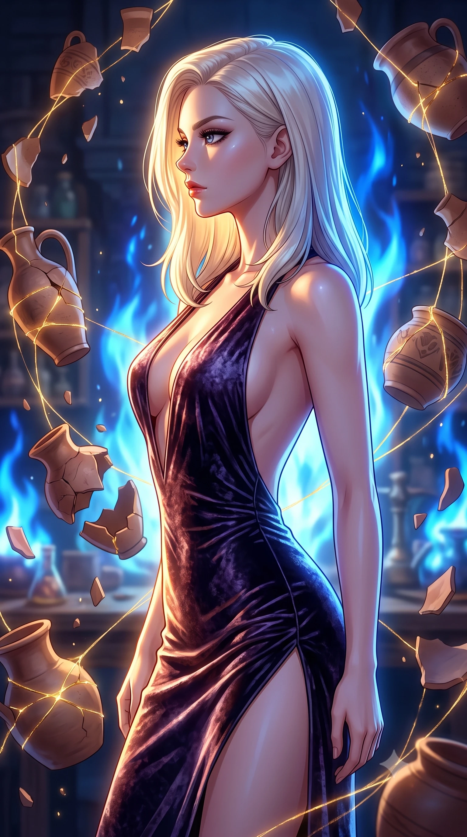score_9, masterpiece, best quality, ultra-detailed, high-budget anime keyframe, editorial fashion photography, tasteful artistic composition, Caucasian woman. close-up cowboy shot from the waist and thighs up, the character dominates the composition, filling the frame with her large presence, background elements kept in soft focus. Turning her face in sharp dramatic profile against the bright light, showcasing her sharp v-shaped jawline navigating a workshop filled with floating clay pottery and glowing gold liquid seams, delicate golden threads binding shattered pottery pieces together. She has an exceptionally elegant, slender, and willowy female figure with an ultra-slim waist, a gracefully sculpted slender torso, and a refined silhouette. sharp v-shaped jawline, high-bridge nose, intricate jewel-like eyes with depth, thick eyelashes, glossy lips with a natural sheen. wearing a backless crushed velvet gown with a deep plunging V-neckline and a high thigh slit, the sleek second-skin texture accentuating her magnetic presence. illuminated by a dramatic contrast of sapphire alchemy flames and warm golden glow. highly saturated vibrant anime colors, detailed shading with soft gradients, rich glossy textures, high-contrast stereoscopic depth, volumetric dynamic lighting, master piece, 9:16 ratio