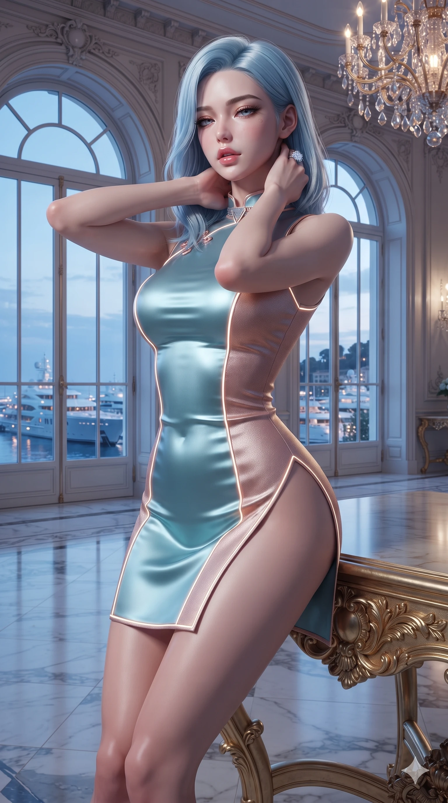 score_9, masterpiece, best quality, ultra-detailed, high-budget anime keyframe, editorial fashion photography, tasteful artistic composition, Korean woman. close-up cowboy shot from the waist and thighs up, the character dominates the composition, filling the frame with her large presence. resting both hands lightly behind her neck with elbows raised, arching her spine to highlight her narrow waist, flat midriff, and breathtaking collarbones while leaning against the gilded console table with hips cocked back, looking through towering arched windows at illuminated harbour yachts with heavy-lidded gaze. The surrounding environment is rendered in vivid detail and crisp panoramic clarity: detailed bespoke fashion tailoring, high-gloss satin sheen, and classical palace architecture in razor-sharp precision. She has an exceptionally elegant, slender, and willowy female figure with an ultra-slim waist, flat toned midriff, narrow ribcage, and sculpted feminine hips creating an alluring, slim hourglass silhouette without bulk. sharp v-shaped jawline, high-bridge nose, intricate jewel-like eyes with depth, thick eyelashes, glossy parted lips with a natural sheen, intensely captivating and seductive bedroom-eyes expression, flawlessly proportioned anatomical accuracy, strict slender model proportions, natural body alignment, perfectly sculpted long slender limbs, ultra-slim waistline, clean dynamic posture without body distortion. wearing a modernized cyber-qipao mini dress with an ultra-high side slit ascending to the hip and glowing piping in Venetian aquamarine silk and rose gold, crafted from bespoke double-faced cashmere with an exceptionally soft tactile finish, complemented by a bold geometric choker and sparkling cocktail ring, the form-contouring silhouette accentuating her sculpted flat midriff, narrow delicate ribcage, and gracefully curvy hips with intoxicating allure. illuminated by cool Mediterranean twilight streaming through arched windows mixed with warm interior chandelier bounce. ultra-reflective glossy finish, specular highlights, rich textural contrasts, high-contrast stereoscopic depth, volumetric dynamic lighting, 2k, ultra detail, master piece, 9:16 ratio