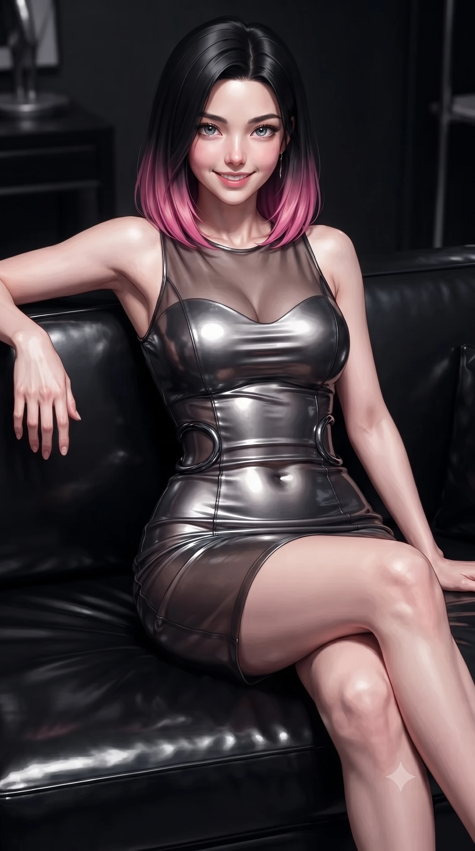 score_9, masterpiece, best quality, ultra-detailed, high-budget anime keyframe, editorial fashion photography, tasteful artistic composition, Korean woman. close-up cowboy shot from the waist and thighs up, the character dominates the composition, filling the frame with her large presence, background elements kept in soft focus. Smiling with quiet, magnetic self-assurance directly into the camera, lounging on a high-gloss black vinyl sofa under dramatic studio key lights, sculpted athletic silhouette emphasized by precision form-fitting cuts. She has an exceptionally elegant, slender, and willowy female figure with an ultra-slim waist, a gracefully sculpted slender torso, and a refined silhouette. sharp v-shaped jawline, high-bridge nose, intricate jewel-like eyes with depth, thick eyelashes, glossy lips with a natural sheen. wearing precision-fitted bodycon dress in high-gloss liquid vinyl in metallic dark silver, made of sheer dark organza overlay, accented with sculpted obsidian chrome rings at the waist, highlighting her statuesque proportions and ultra-slim waistline. illuminated by high-contrast studio key light creating intense specular highlights on latex. ultra-reflective glossy finish, specular highlights, metallic sheen, high-contrast stereoscopic depth, volumetric dynamic lighting, 2k, ultra detail, master piece, 9:16 ratio