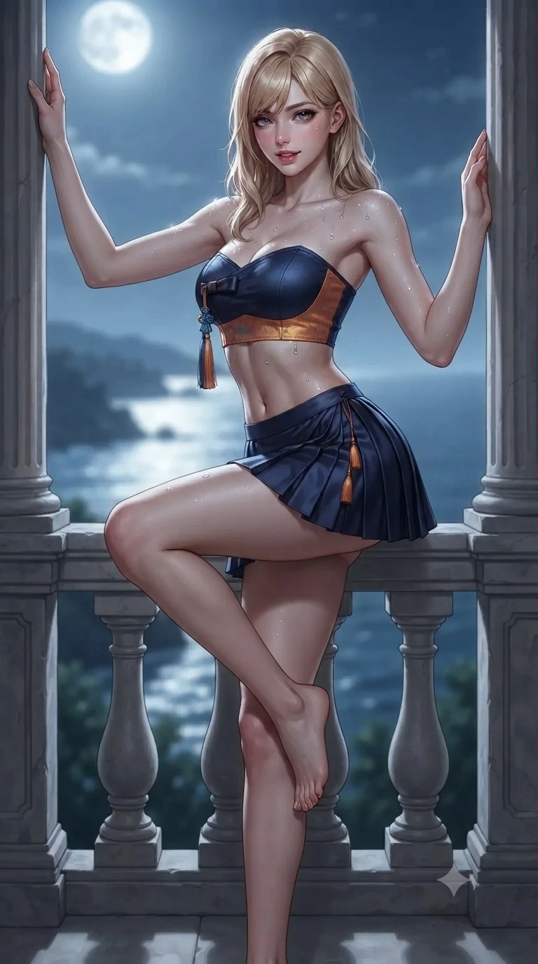score_9, masterpiece, best quality, ultra-detailed, high-budget anime keyframe, editorial fashion photography, tasteful artistic composition, Caucasian woman. low angle full-body shot from head to toe showing her feet, filling the entire 9:16 vertical frame with her statuesque presence, stretching her vertical silhouette. standing tall beside the architectural column, one hand resting high while arching her lower back to emphasize her sculpted feminine hips and slender waist while perched sideways on the balcony balustrade, one knee drawn up to showcase her slender leg line while her arched back accentuates her feminine curves. The background shows a soft-focus high-cliff ocean terrace softened in coastal panoramic shallow focus. She has an absolutely perfect, statuesque 8.5-heads proportion, an exceptionally tall and slender model-like female figure with impossibly long slender legs, an ultra-slim waist, a flat toned midriff, narrow delicate ribcage, and beautifully sculpted feminine hips creating a graceful, slim hourglass silhouette without any bulky heaviness. sharp v-shaped jawline, high-bridge nose, sparkling eyes with hypnotic seductive depth, thick curled eyelashes, glossy parted lips with a natural dewy peach sheen, alluring bedroom-eyes with an enchanting coquettish smile, exuding magnetic siren charisma and sophisticated glamour, flawlessly proportioned anatomical accuracy, strict slender model proportions, natural body alignment, perfectly sculpted long slender limbs, ultra-slim waistline, clean dynamic posture without body distortion. wearing a modern boned hanbok bustier top with norigae tassel paired with an ultra-short micro-pleated silk wrap mini skirt in midnight indigo and glowing lantern topaz, tailored from smooth liquid silk satin with a natural dewy moonlight sheen, finished with glistening drops of night dew beading across her sculpted shoulders and flat midriff, the glove-like clinging cut tightly following the natural contour of her hips and long slender legs with youthful 8.5-heads elegance. bathed in high-intensity silver moonlight reflecting off open ocean waters. ultra-reflective glossy finish, specular highlights, rich textural contrasts, high-contrast stereoscopic depth, volumetric dynamic lighting, 2k, ultra detail, master piece, 9:16 ratio
