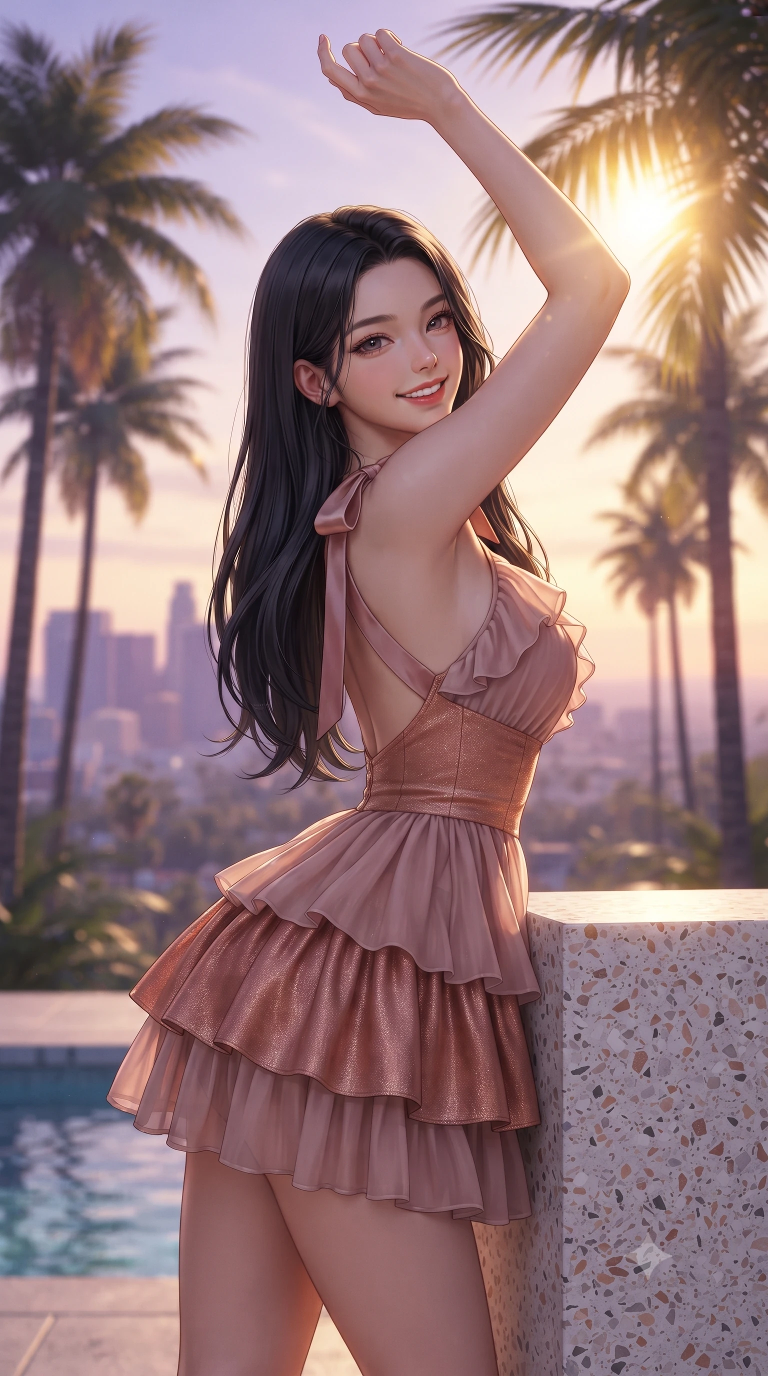 score_9, masterpiece, best quality, ultra-detailed, high-budget anime keyframe, editorial fashion photography, tasteful artistic composition, Korean woman. close-up cowboy shot from the waist and thighs up, the character dominates the composition, filling the frame with her large presence. playfully stretching one arm overhead toward the setting sun, her radiant smile capturing fresh girlhood charm while her arched torso reveals an intoxicating hip contour while leaning against the terrazzo pool deck pillar with hips cocked back, looking over a bare shoulder with a teasing, seductive half-smile. The composition keeps background elements in soft focus with dreamy creamy bokeh. rows of towering California fan palms and the Los Angeles skyline bathed in twilight blurred into pastel violet, peach, and gold bokeh. She has an exceptionally elegant, slender, and willowy female figure with an ultra-slim waist, flat toned midriff, narrow ribcage, and sculpted feminine hips creating an alluring, slim hourglass silhouette without bulk. sharp v-shaped jawline, high-bridge nose, sparkling amber-hazel eyes with depth, long lush eyelashes, glossy sun-kissed lips with a warm coral glaze, radiant teasing smile with sensual sunlit bedroom-eyes, exuding effortless old-money elegance and intoxicating sun-drenched allure, flawlessly proportioned anatomical accuracy, strict slender model proportions, natural body alignment, perfectly sculpted long slender limbs, ultra-slim waistline, clean dynamic posture without body distortion. wearing a tiered ruffled chiffon resort mini dress with an ultra-slim corseted waist and open back in soft dusty rose and molten copper shimmer, formed from supple second-skin stretch ribbed knit clinging to her form, finished with cute satin bow ribbons tying at the shoulders, the precision-cut side openings and low-back scoop framing her graceful spine and the sensual sweep of her slim, sun-kissed hips. bathed in golden California sunset light filtering through palm fronds. ultra-reflective glossy finish, specular highlights, rich textural contrasts, high-contrast stereoscopic depth, volumetric dynamic lighting, 2k, ultra detail, master piece, 9:16 ratio