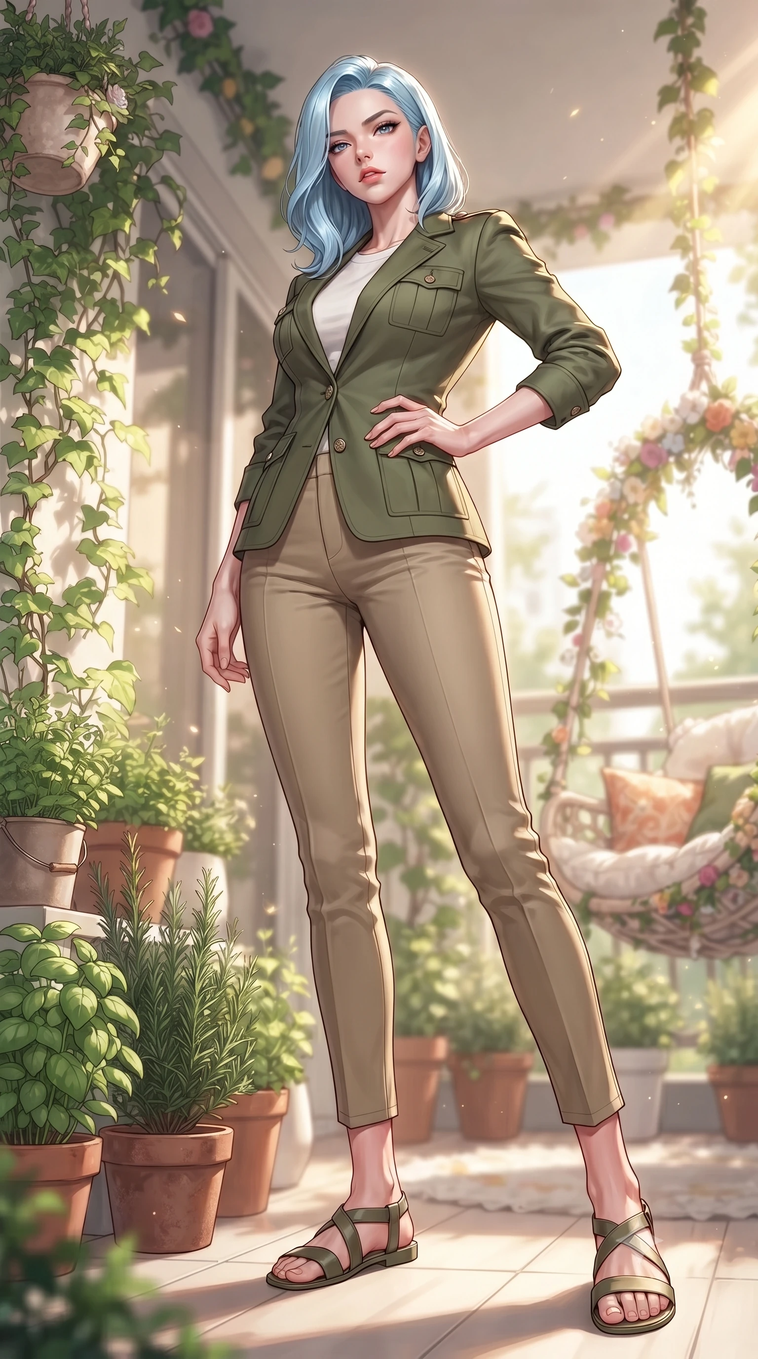 score_9, masterpiece, best quality, ultra-detailed, high-budget anime keyframe, editorial fashion photography, tasteful artistic composition, Korean woman woman. low angle full-body shot from head to toe showing her feet, filling the entire 9:16 vertical frame with her statuesque presence, stretching her vertical silhouette. posing confidently with one hand on her hip, stretching her statuesque body to emphasize her curves the background shows a soft-focus a residential balcony decorated with potted herbs, climbing ivy, and a flower swing chair. She has an absolutely perfect, statuesque 8.5-heads proportion, an exceptionally tall and slender model-like female figure with impossibly long slender legs and an ultra-slim waist. sharp v-shaped jawline, high-bridge nose, intricate jewel-like eyes with depth, thick eyelashes, glossy lips with a natural sheen. wearing a body-hugging tailored olive green safari jacket over a white crewneck top and khaki pants. bright morning sun rays creating a fresh and energetic mood. ultra-reflective glossy finish, specular highlights, metallic sheen, high-contrast stereoscopic depth, volumetric dynamic lighting, 2k, ultra detail, master piece, 9:16 ratio