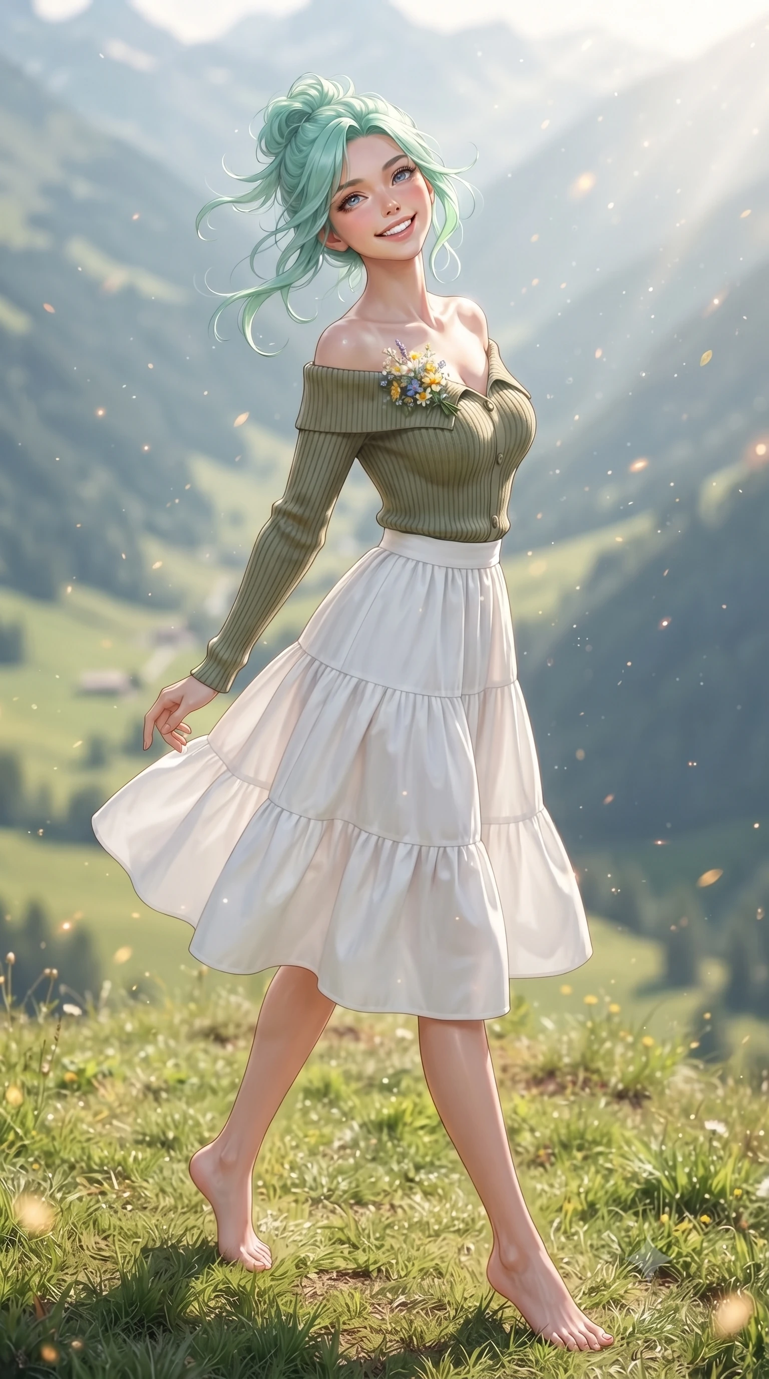 score_9, masterpiece, best quality, ultra-detailed, high-budget anime keyframe, editorial fashion photography, tasteful artistic composition, Japanese woman. low angle full-body shot from head to toe showing her feet, filling the entire 9:16 vertical frame with her statuesque presence, stretching her vertical silhouette. pivoting dynamically with a fresh infectious smile, her ultra-slim waist and long slender legs creating a fluid graceful line while resting on a sunlit grassy knoll overlooking sweeping alpine valleys with an innocent, radiant smile. The composition keeps background elements in soft focus with creamy bokeh. sparkling mountain breeze sunbeams and floating flower pollen scattering warm dreamy light motes. She has an absolutely perfect, statuesque 8.5-heads proportion, an exceptionally tall and slender model-like female figure with impossibly long slender legs, a toned flat midriff, and an ultra-slim waist. sharp v-shaped jawline, high-bridge nose, intricate jewel-like eyes with depth, thick eyelashes, glossy lips with a natural sheen, pure and lovely fresh girlhood expression, flawlessly proportioned anatomical accuracy, strict slender model proportions, natural body alignment, perfectly sculpted long slender limbs, ultra-slim waistline, clean dynamic posture without body distortion. wearing a fresh off-shoulder ribbed knit top paired with a tiered white cotton midi skirt in muted olive green and ivory cotton, made of comfortable premium stretch denim and airy cotton-jersey, complemented by a delicate wildflower corsage pinned to the lapel, the relaxed yet flattering fit accentuating her naturally graceful and slender figure, highlighting her youthful charm and lovely silhouette. surrounded by a fresh, uplifting, and enchantingly pure alpine girlhood aura. ultra-reflective glossy finish, specular highlights, rich natural textures, high-contrast stereoscopic depth, volumetric dynamic lighting, 2k, ultra detail, master piece, 9:16 ratio
