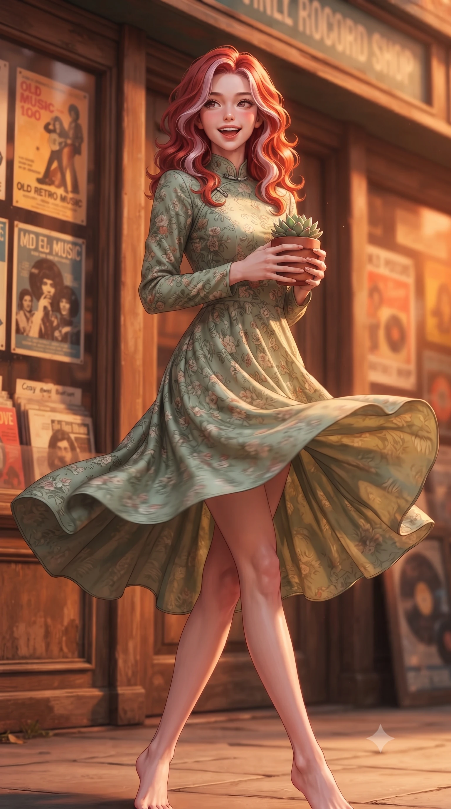 score_9, masterpiece, best quality, ultra-detailed, high-budget anime keyframe, editorial fashion photography, tasteful artistic composition, Caucasian woman. low angle full-body shot from head to toe showing her feet, filling the entire 9:16 vertical frame with her statuesque presence, stretching her vertical silhouette. twirling around with a playful, cute laugh, her skirt billowing beautifully in the air set against a soft-focus background of in front of a vintage vinyl record shop with retro music posters in the window holding a small potted succulent with a delighted, cute expression. She has an absolutely perfect, statuesque 8.5-heads proportion, an exceptionally tall and slender model-like female figure with impossibly long slender legs and an ultra-slim waist. sharp v-shaped jawline, high-bridge nose, intricate jewel-like eyes with depth, thick eyelashes, glossy lips with a natural sheen. wearing form-contouring lovely floral print midi dress in sage green, featuring a high collar and long sleeves. cozy golden hour sunset light painting the wooden shopfronts in orange. highly saturated vibrant anime colors, detailed shading with soft gradients, rich glossy textures, high-contrast stereoscopic depth, volumetric dynamic lighting, master piece, 9:16 ratio
