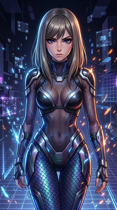 score_9, masterpiece, best quality, ultra-detailed, Set A: High-budget Anime Keyframe, Caucasian (strictly human ears) woman. Upper body close-up from the thighs up, character filling the screen for maximum presence. Walking gracefully through a virt