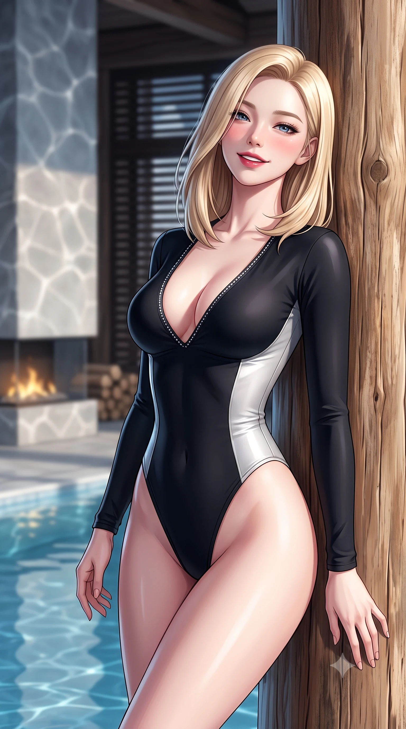 score_9, masterpiece, best quality, ultra-detailed, high-budget anime keyframe, semi-realistic 3D game render, editorial fashion photography, tasteful artistic composition, Korean woman. close-up cowboy shot from the waist and thighs up, the character dominates the composition, filling the frame with her large presence. leaning back against the cedar log pillar with relaxed seductive grace, her flat midriff and narrow waist highlighted as winter sunlight traces her curves while swimming slowly to the edge of the glass-enclosed heated pool where water meets floor-to-ceiling windows, arching her spine with seductive poise. The composition keeps background elements in soft focus with dreamy creamy bokeh. minimalist linear stone fireplaces and dark Asian-inspired timber louvers softened in five-star alpine design shallow focus. She has an exceptionally elegant, slender, and willowy female figure with an ultra-slim waist, flat toned midriff, narrow ribcage, and sculpted feminine hips creating an alluring, slim hourglass silhouette without bulk. sharp v-shaped jawline, high-bridge nose, sparkling ice-crystal eyes with depth, frosty thick lashes, glossy parted lips with a rosy berry sheen, bright playful smile with an intoxicating seductive glint, rosy flushed cheeks radiating cozy warmth and dangerous allure, flawlessly proportioned anatomical accuracy, strict slender model proportions, natural body alignment, perfectly sculpted long slender limbs, ultra-slim waistline, clean dynamic posture without body distortion. wearing a second-skin thermal stretch bodysuit with sleek high-cut leg lines and long sleeves in dark obsidian black and gleaming platinum, tailored from crisp technical ski fabric with clean aerodynamic lines, finished with subtle crystal rhinestones lining the plunging neckline, the high-waisted tailoring accentuating her ultra-slim waistline and the enchanting curve of her feminine hips with alluring winter charm. illuminated by pool caustic reflections and sharp platinum rim lights carving her razor-sharp jawline, narrow waist, and curvy hips. highly saturated vibrant anime colors, detailed shading with soft gradients, rich glossy textures, high-contrast stereoscopic depth, volumetric dynamic lighting, master piece, 9:16 ratio