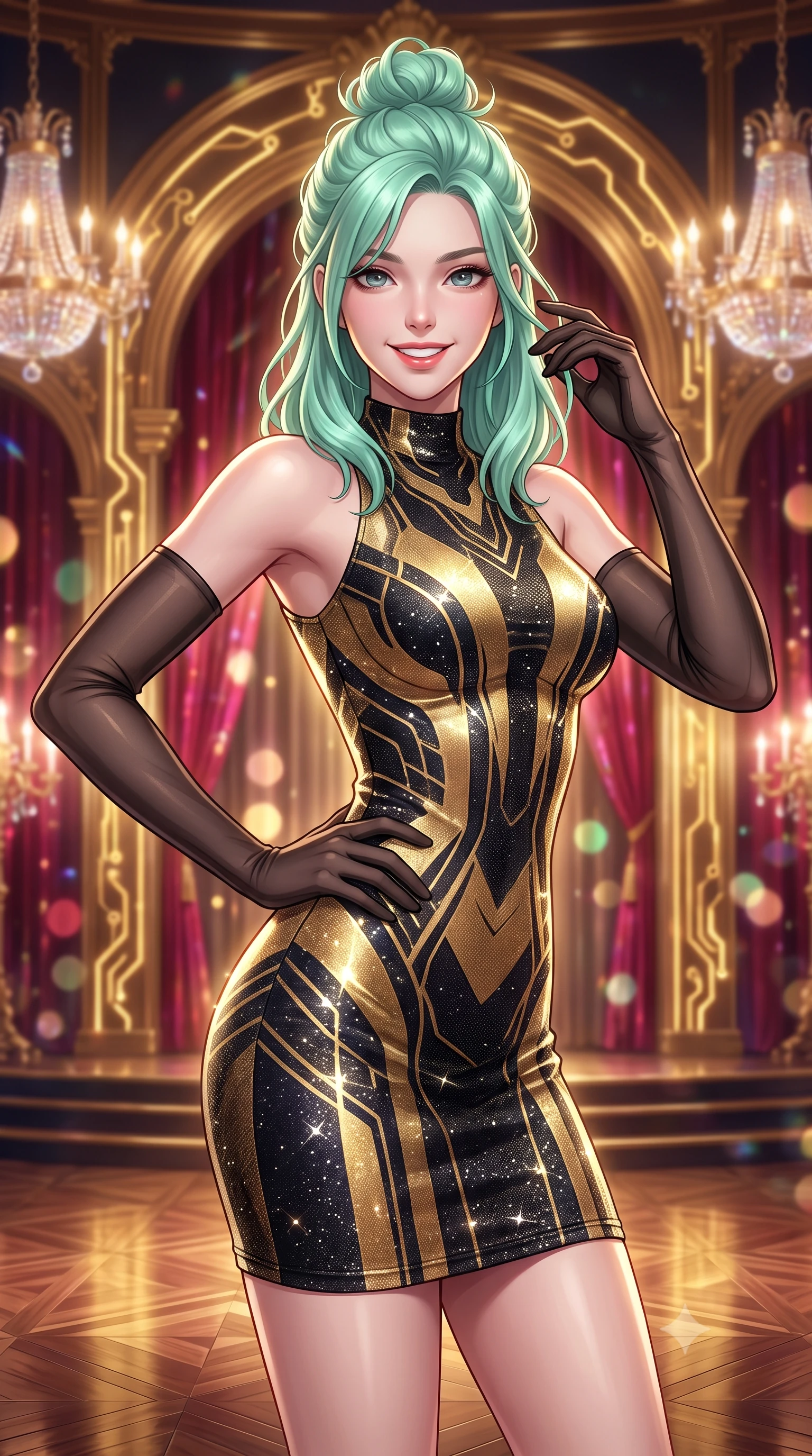 score_9, masterpiece, best quality, ultra-detailed, high-budget anime keyframe, semi-realistic 3D game render, editorial fashion photography, tasteful artistic composition, Japanese woman. close-up cowboy shot from the waist and thighs up, the character dominates the composition, filling the frame with her large presence. twisting her slender torso in an alluring contrapposto stance, one hand resting on her sculpted hip while her fingers toy with her hair with effortless poise while standing poised at the center of the gilded cyber-baroque opera stage beneath levitating plasma chandeliers, arching her lower back with sovereign diva charisma. The background shows a soft-focus levitating crystal plasma chandelier, soaring gilded baroque arches interlaced with pulsing gold circuits, and holographic crimson curtains blurred into ruby, gold, and champagne bokeh. She has an exceptionally elegant, slender, and willowy female figure with an ultra-slim waist, flat toned midriff, narrow ribcage, and sculpted feminine hips creating an alluring, slim hourglass silhouette without bulk. sharp v-shaped jawline, high-bridge nose, intricate jewel-like sparkling eyes with depth, thick eyelashes, glossy parted lips with a natural peach sheen, bright cheerful beaming smile with an enchanting and coquettish sensual glint, exuding both youthful cute charm and seductive allure, flawlessly proportioned anatomical accuracy, strict slender model proportions, natural body alignment, perfectly sculpted long slender limbs, ultra-slim waistline, clean dynamic posture without body distortion. wearing a dense bandage knit cyber-cocktail dress with mock neck hugging her delicate ribcage and hips like a second skin in singularity accretion gold and deep space void black, woven from stretch metallic lurex jersey casting radiant starlight glints across her curves, complemented by sheer opera-length evening gloves tracing her slender arms, the bespoke structured tailoring following the natural line of her 8.5-heads silhouette with refined elegance. illuminated by polished parquet reflection bounce and sharp gold-plasma rim lights sculpting her jawline, narrow waist, and curvy hips. highly saturated vibrant anime colors, detailed shading with soft gradients, rich glossy textures, high-contrast stereoscopic depth, volumetric dynamic lighting, master piece, 9:16 ratio