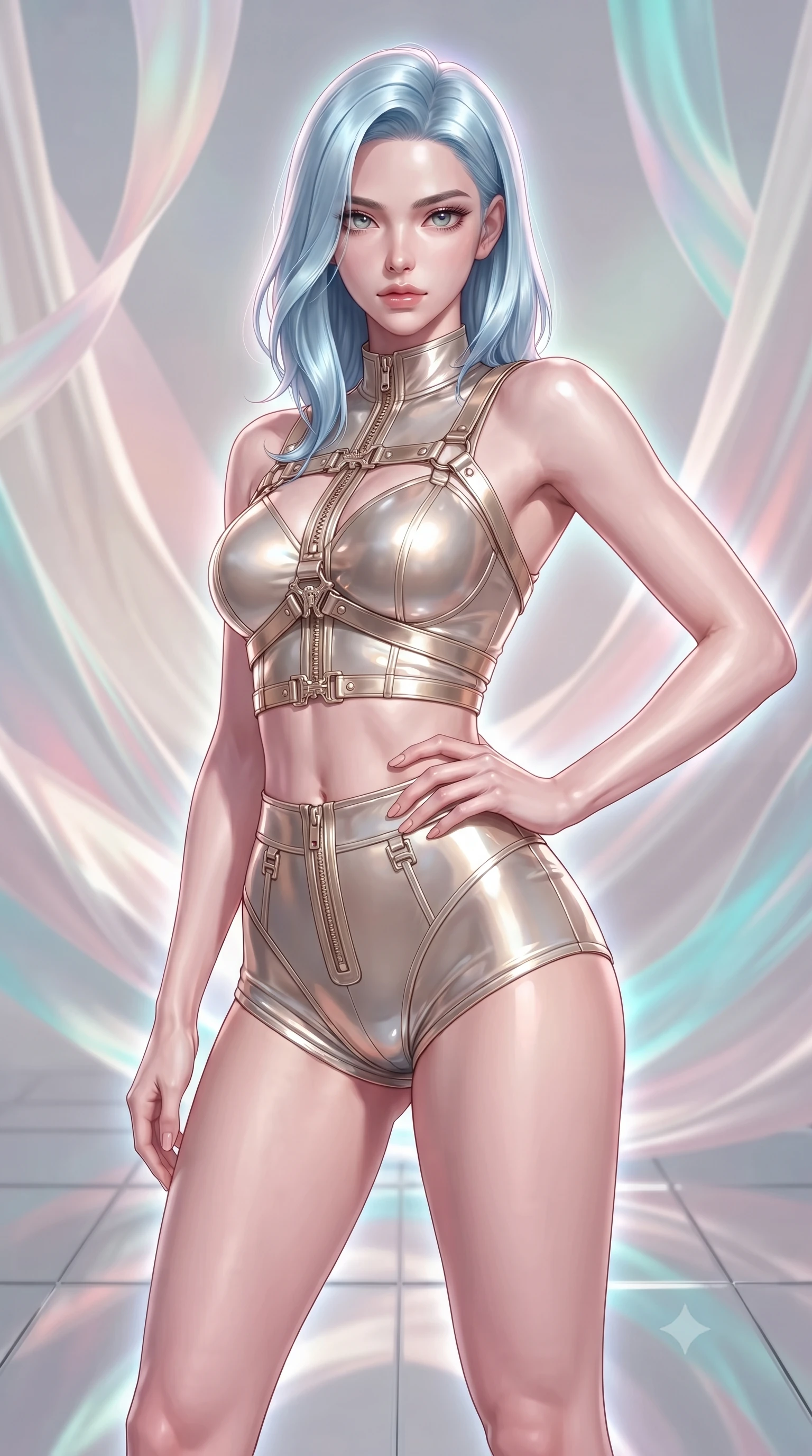 score_9, masterpiece, best quality, ultra-detailed, high-budget anime keyframe, editorial fashion photography, tasteful artistic composition, Korean woman. close-up cowboy shot from the waist and thighs up, the character dominates the composition, filling the frame with her large presence, background elements kept in soft focus. Holding a confident power pose with one hand on her hip, standing on a polished mirror floor surrounded by zero-gravity silk drapes, iridescent opal silk ribbons shifting color from pearl white to pastel rose and turquoise. She has an exceptionally elegant, slender, and willowy female figure with an ultra-slim waist, a gracefully sculpted slender torso, and a refined silhouette. sharp v-shaped jawline, high-bridge nose, intricate jewel-like eyes with depth, thick eyelashes, glossy lips with a natural sheen. wearing high-cut micro-shorts and crop top set with silver metallic harness in champagne gold, made of sculpted platinum chrome, finished with metallic gold boning and sleek zipper points, following her slender form with tailored precision. surrounded by a luminous iridescent aura with soft rim lights. ultra-reflective glossy finish, specular highlights, metallic sheen, high-contrast stereoscopic depth, volumetric dynamic lighting, 2k, ultra detail, master piece, 9:16 ratio