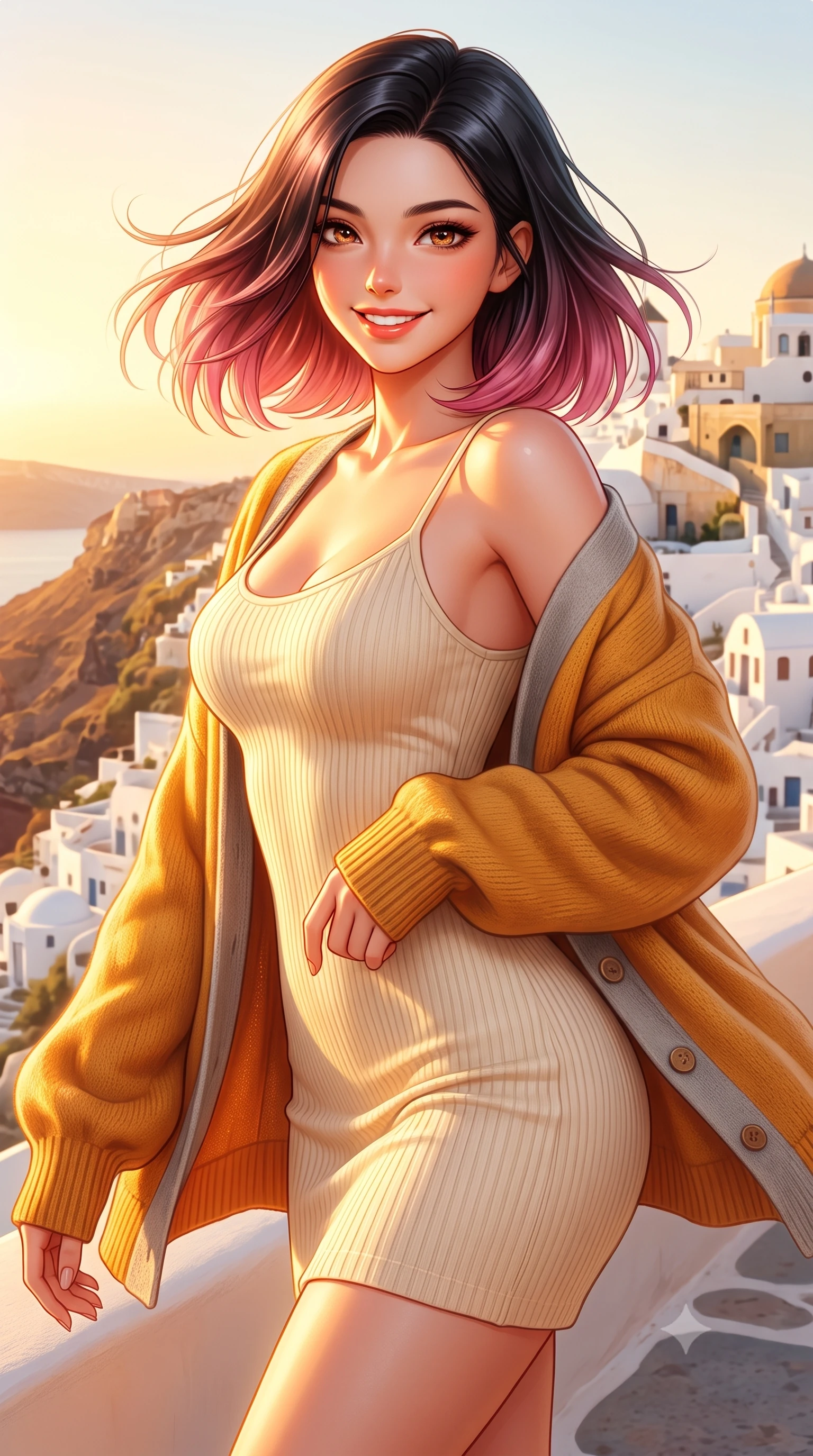 score_9, masterpiece, best quality, ultra-detailed, high-budget anime keyframe, semi-realistic 3D game render, editorial fashion photography, tasteful artistic composition, Korean woman. close-up cowboy shot from the waist and thighs up, the character dominates the composition, filling the frame with her large presence. turning playfully with a bright confident smile, her glossy hair tossing in the coastal breeze as her hips angle gracefully in a captivating contrapposto while twisting her slender torso in an alluring contrapposto stance beside the water, her sleek resort silhouette highlighted by golden hour glow. The surrounding environment is rendered in vivid detail and crisp panoramic clarity. detailed resort fabric drape, sun-kissed skin texture, and Santorini cliffside architecture in high resolution. She has an exceptionally elegant, slender, and willowy female figure with an ultra-slim waist, flat toned midriff, narrow ribcage, and sculpted feminine hips creating an alluring, slim hourglass silhouette without bulk. sharp v-shaped jawline, high-bridge nose, sparkling amber-hazel eyes with depth, long lush eyelashes, glossy sun-kissed lips with a warm coral glaze, radiant teasing smile with sensual sunlit bedroom-eyes, exuding effortless old-money elegance and intoxicating sun-drenched allure, flawlessly proportioned anatomical accuracy, strict slender model proportions, natural body alignment, perfectly sculpted long slender limbs, ultra-slim waistline, clean dynamic posture without body distortion. wearing a second-skin stretch ribbed camisole dress in warm vanilla cream clinging to her athletic hips and flat midriff in rich saffron amber and soft dove grey, formed from supple second-skin stretch ribbed knit clinging to her form, complemented by an oversized soft cashmere knit cardigan slipping off one bare shoulder, the glove-like silhouette tightly following the natural contour of her hips and long slender legs with youthful 8.5-heads elegance. bathed in intense, glowing Mediterranean golden hour sunlight that bathes every surface in warm amber and gold. highly saturated vibrant anime colors, detailed shading with soft gradients, rich glossy textures, high-contrast stereoscopic depth, volumetric dynamic lighting, master piece, 9:16 ratio
