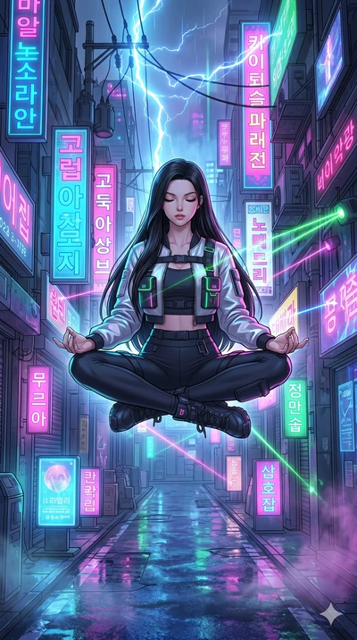 score_9, masterpiece, best quality, ultra-detailed, high-budget anime movie keyframe, cinematic anime lighting, intricate line art, Korean woman. Dynamic full-body shot stretching the vertical silhouette across the 9:16 frame. meditating peacefully i