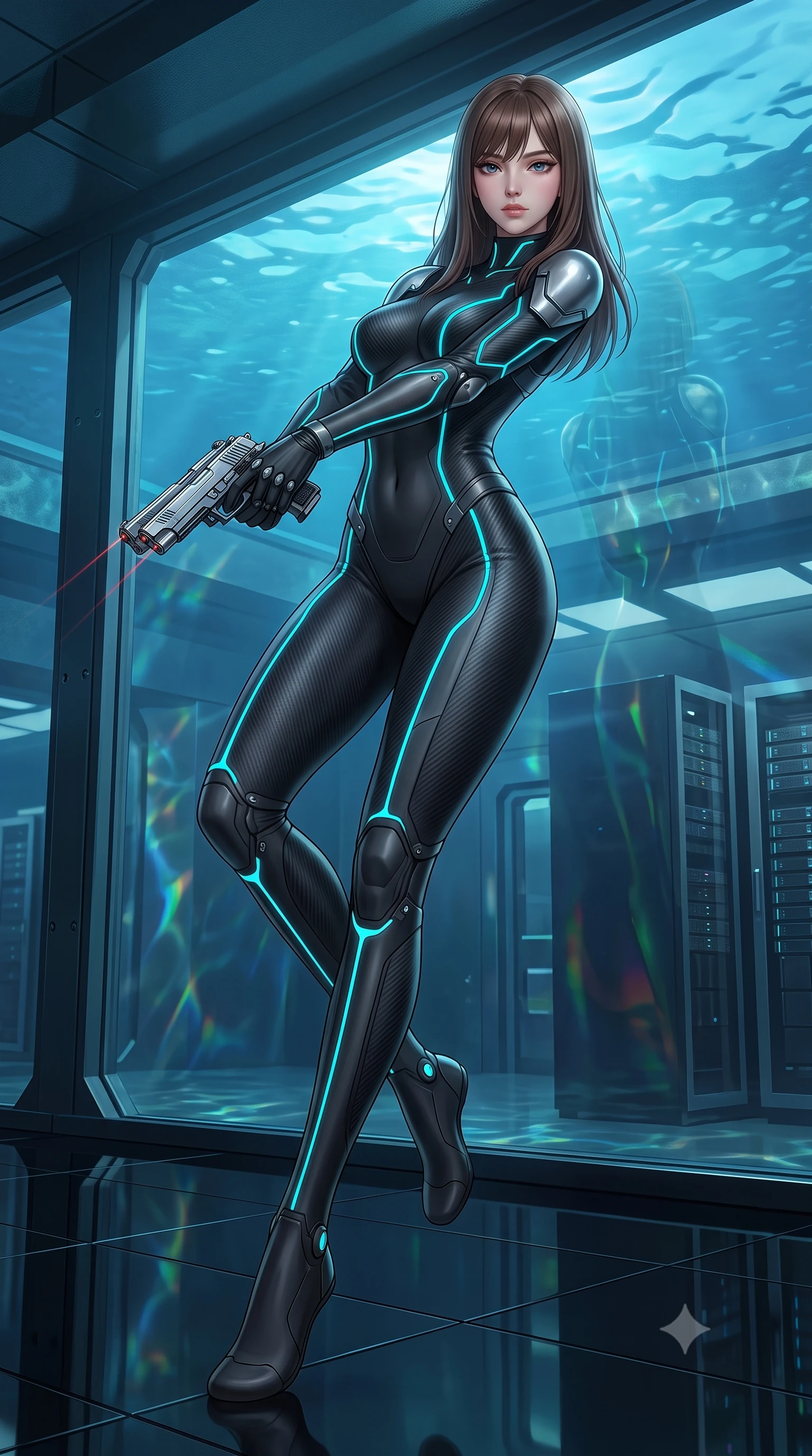 score_9, masterpiece, best quality, ultra-detailed, high-budget anime keyframe, semi-realistic 3D game render, editorial fashion photography, tasteful artistic composition, Korean woman. low angle full-body shot from head to toe showing her feet, filling the entire 9:16 vertical frame with her statuesque presence, stretching her vertical silhouette. arching her spine in a fluid zero-gravity combat turn with sovereign grace, her long slender legs and sculpted torso creating a sweeping line of power while landing gracefully on the black glass floor of a submerged underwater vault while crossing twin chrome particle pistols in tactical poise. The surrounding environment is rendered in vivid detail and crisp panoramic clarity. sharp chrome pistol slide details, laser targeting beam emitter points, and server glass reflections in deep focus. She has an absolutely perfect, statuesque 8.5-heads proportion, an exceptionally tall and slender model-like female figure with impossibly long slender legs, a toned flat midriff, and an ultra-slim waist. sharp v-shaped jawline, high-bridge nose, intricate jewel-like eyes with depth, thick eyelashes, glossy lips with a natural sheen, flawlessly proportioned anatomical accuracy, strict slender model proportions, natural body alignment, perfectly sculpted long slender limbs, ultra-slim waistline, clean dynamic posture without body distortion. wearing an aerodynamic matte-black carbon-fiber bodysuit with glowing neon cyan conduit lines, reinforced by polished titanium pauldrons, wielding a sleek holographic plasma katana with a brilliant energy blade in monochrome white enamel carbon with high-contrast black panels, formed from high-gloss patent carbon-plating with specular chiaroscuro reflections, finished with high-mobility articulation joints and miniature magnetic armor locks, the glove-like aerodynamic second-skin fit tightly clinging to her ultra-slender waist and athletic curves without adding bulk, accentuating her razor-sharp statuesque lines and slim hourglass silhouette. surrounded by an ultra-sleek, stealthy, and intensely seductive oceanic special-operative aura. rich saturated anime colors with glowing neon highlights, detailed shading with soft gradients, rich glossy textures, high-contrast stereoscopic depth, volumetric dynamic lighting, master piece, 9:16 ratio