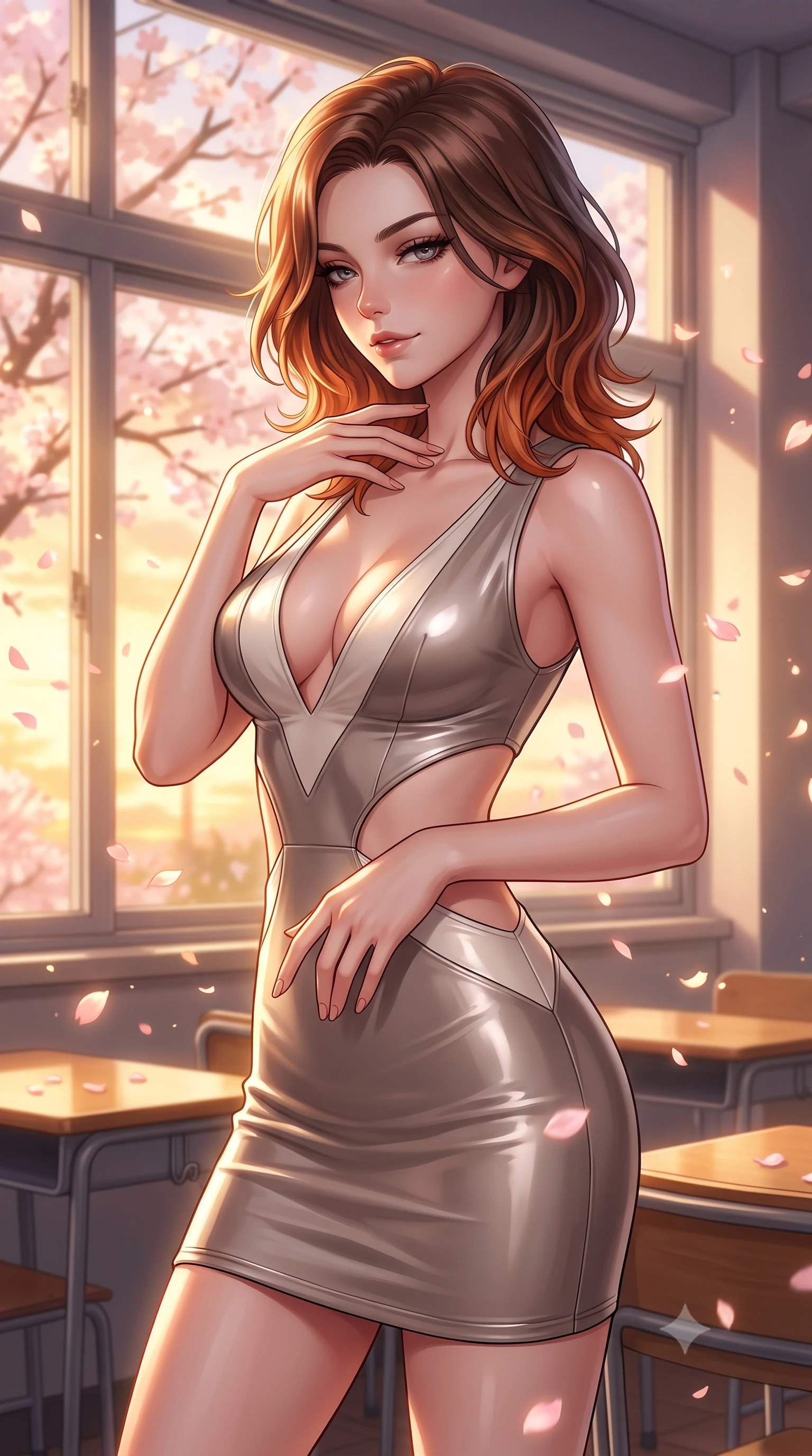 score_9, masterpiece, best quality, ultra-detailed, high-budget anime keyframe, editorial fashion photography, tasteful artistic composition, Korean woman. close-up cowboy shot from the waist and thighs up, the character dominates the composition, filling the frame with her large presence, background elements kept in soft focus. Glancing sidelong over her shoulder with a smoldering half-smile and heavy lashes looking out a large classroom window as golden sunlight fills the quiet room, fluttering cherry blossom petals catching warm golden sunset highlights. She has an exceptionally elegant, slender, and willowy female figure with an ultra-slim waist, a gracefully sculpted slender torso, and a refined silhouette. sharp v-shaped jawline, high-bridge nose, intricate jewel-like eyes with depth, thick eyelashes, glossy lips with a natural sheen. wearing a liquid mercury gloss mini dress with ultra-deep V-neck and waist cutouts in muted taupe and soft ivory, formed from sleek second-skin neoprene, featuring subtle geometric cutouts that highlight her ultra-slim midriff, the tailored fabric tightly following every curve of her athletic build. illuminated by soft glowing evening sunbeams filtering through sakura branches. highly saturated vibrant anime colors, detailed shading with soft gradients, rich glossy textures, high-contrast stereoscopic depth, volumetric dynamic lighting, master piece, 9:16 ratio