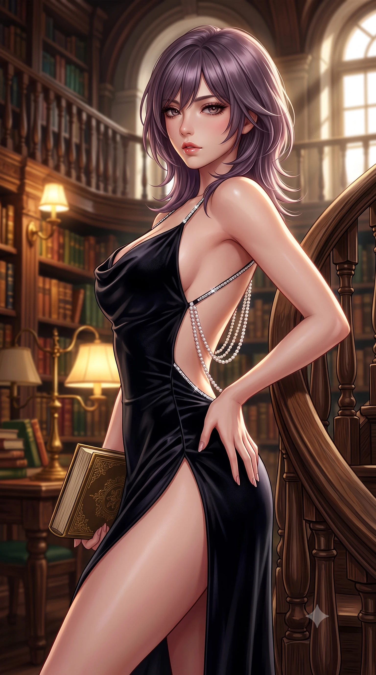 score_9, masterpiece, best quality, ultra-detailed, high-budget anime keyframe, semi-realistic 3D game render, editorial fashion photography, tasteful artistic composition, Japanese woman. close-up cowboy shot from the waist and thighs up, the character dominates the composition, filling the frame with her large presence. arching her spine backward with effortless dancer poise, one hand sliding along her hip line as directional light carves specular highlights along her silhouette while leaning back against the carved oak spiral staircase with hips cocked, holding a gold-embossed grimoire while casting smoldering bedroom-eyes. The composition keeps background elements in soft focus with creamy bokeh. thousands of leather-bound antique book spines and brass library lamps blurred into deep whiskey-gold, mahogany, and emerald bokeh. She has an exceptionally elegant, slender, and willowy female figure with an ultra-slim waist, flat toned midriff, narrow ribcage, and sculpted feminine hips creating an alluring, slim hourglass silhouette without bulk. sharp v-shaped jawline, high-bridge nose, intricate jewel-like eyes with depth, thick eyelashes, glossy parted lips with a natural sheen, intensely captivating and seductive bedroom-eyes expression, flawlessly proportioned anatomical accuracy, strict slender model proportions, natural body alignment, perfectly sculpted long slender limbs, ultra-slim waistline, clean dynamic posture without body distortion. wearing a backless cowl-neck satin slip dress featuring high-cut side hip slits and delicate criss-cross back straps in pitch-black velvet with diamond crystal trim, tailored from liquid silk jersey adhering flawlessly to her slender build, accented with a multi-strand pearl back necklace cascading down her bare spine to her hips, the precision-cut side openings and low-back scoop framing her graceful spine and the sensual sweep of her slim, toned hips. bathed in warm incandescent reading lamp glow and dramatic shafts of daylight from arched windows. highly saturated vibrant anime colors, detailed shading with soft gradients, rich glossy textures, high-contrast stereoscopic depth, volumetric dynamic lighting, master piece, 9:16 ratio