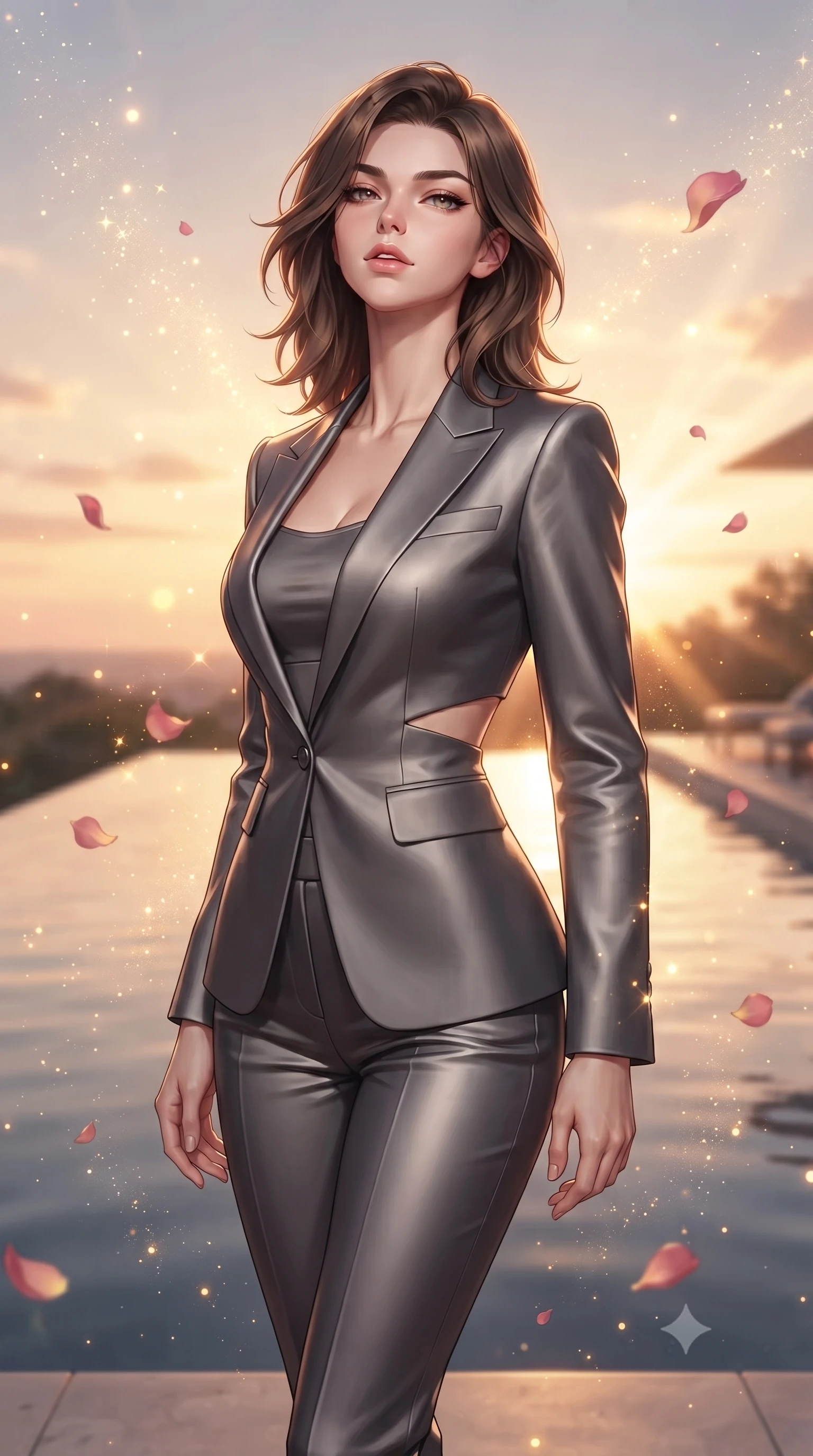score_9, masterpiece, best quality, ultra-detailed, high-budget anime keyframe, editorial fashion photography, tasteful artistic composition, Korean woman. close-up cowboy shot from the waist and thighs up, the character dominates the composition, filling the frame with her large presence, background elements kept in soft focus. Tilting her chin up slightly with lips parted in a magnetic, composed expression poised beside an infinity reflecting pool mirroring a warm sunset sky, floating rose petals and golden dust motes sparkling in the air. She has an exceptionally elegant, slender, and willowy female figure with an ultra-slim waist, a gracefully sculpted slender torso, and a refined silhouette. sharp v-shaped jawline, high-bridge nose, intricate jewel-like eyes with depth, thick eyelashes, glossy lips with a natural sheen. wearing a tailored silk blazer over a form-contouring top and fitted slacks in charcoal grey and platinum, crafted from smooth liquid silk, featuring subtle geometric cutouts that highlight her ultra-slim midriff, the tailored fabric tightly following every curve of her athletic build. bathed in glorious golden hour sunbeams and warm rose-gold ambient light. ultra-reflective glossy finish, specular highlights, metallic sheen, high-contrast stereoscopic depth, volumetric dynamic lighting, 2k, ultra detail, master piece, 9:16 ratio