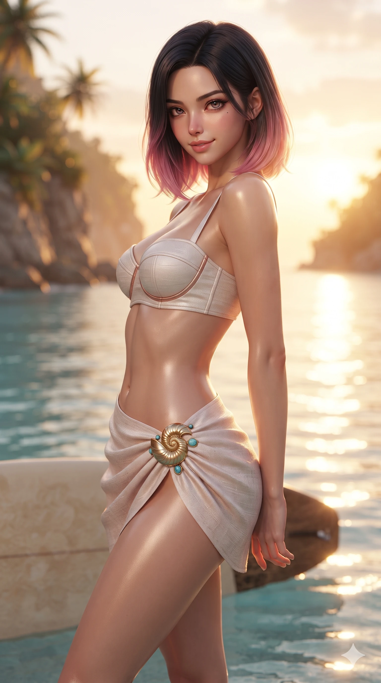 score_9, masterpiece, best quality, ultra-detailed, high-budget anime keyframe, editorial fashion photography, tasteful artistic composition, Korean woman. close-up cowboy shot from the waist and thighs up, the character dominates the composition, filling the frame with her large presence. twisting her slender torso in a deep contrapposto stance, hips dramatically shifted to accentuate her feminine curves while looking past her shoulder with smoldering bedroom-eyes while standing poised in the mirror-smooth azure shallows beside the propped surfboard, arching her lower back with sovereign supermodel grace as the golden sunset blazes across the sea. The background shows a soft-focus secluded island cove softened in golden hour coastal shallow focus. She has an exceptionally elegant, slender, and willowy female figure with an ultra-slim waist, flat toned midriff, narrow ribcage, and sculpted feminine hips creating an alluring, slim hourglass silhouette without bulk. sharp v-shaped jawline, high-bridge nose, sparkling eyes with hypnotic seductive depth, thick curled eyelashes, glossy parted lips with a natural dewy peach sheen, alluring bedroom-eyes with an enchanting coquettish smile, exuding magnetic siren charisma and sophisticated glamour, flawlessly proportioned anatomical accuracy, strict slender model proportions, natural body alignment, perfectly sculpted long slender limbs, ultra-slim waistline, clean dynamic posture without body distortion. wearing a structured underwire bikini bustier top paired with an ultra-short draped sarong wrap mini skirt in celestial pearl white and rose-gold, woven from bespoke sun-bleached selvedge linen with rich tactile slub texture, accented with an authentic engraved gold nautilus shell medallion and turquoise cabochons, the impeccably tailored cut draping gracefully along her slender figure with aristocratic resort poise. bathed in molten golden hour sunset light washing horizontally across the ocean surface with blinding specular highlights. ultra-reflective glossy finish, specular highlights, rich textural contrasts, high-contrast stereoscopic depth, volumetric dynamic lighting, 2k, ultra detail, master piece, 9:16 ratio
