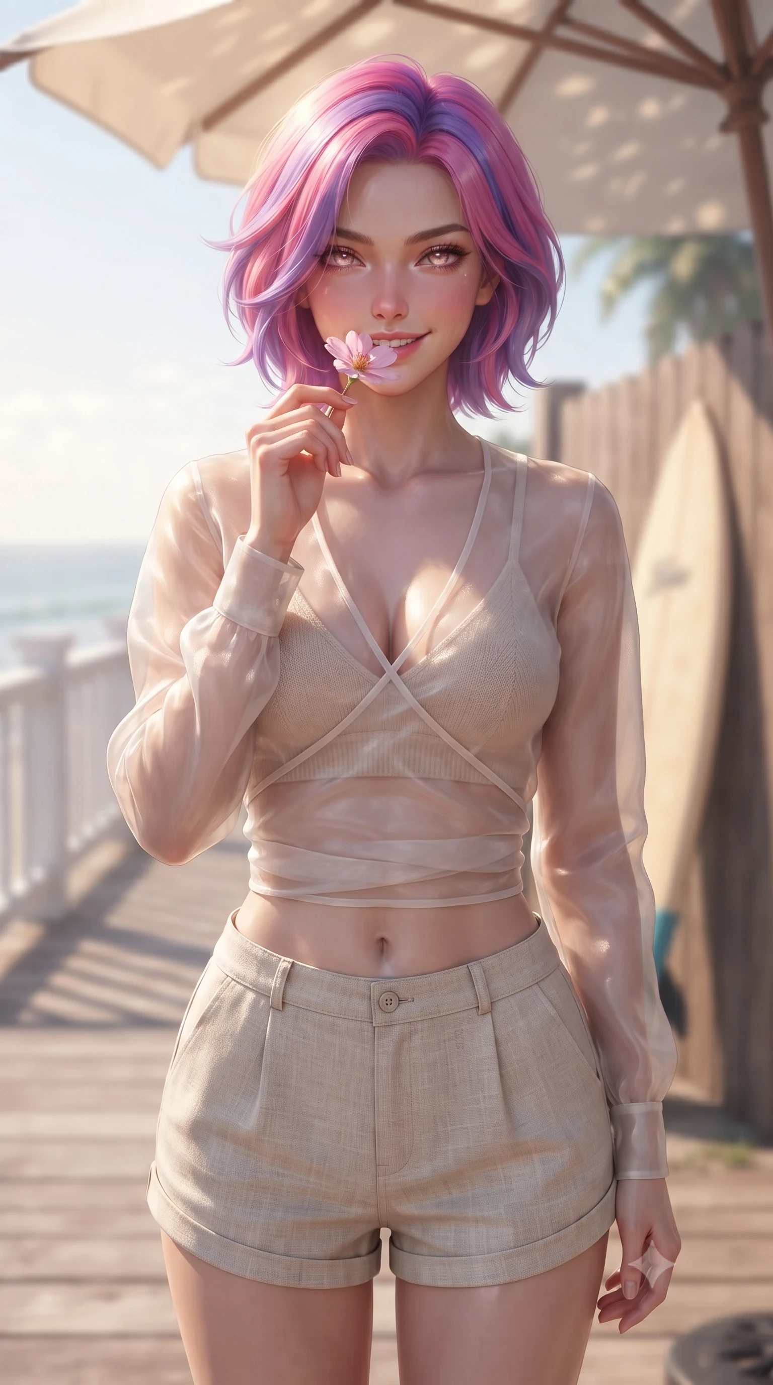 score_9, masterpiece, best quality, ultra-detailed, high-budget anime keyframe, editorial fashion photography, tasteful artistic composition, Caucasian woman. close-up cowboy shot from the waist and thighs up, the character dominates the composition, filling the frame with her large presence, background elements kept in soft focus. holding a delicate flower near her lips, smiling with magnetic self-assurance and glowing eyes set against a soft-focus background of walking along a wooden seaside boardwalk lined with white railings with a surfboard resting against a wooden fence in soft focus behind her. She has an exceptionally elegant, slender, and willowy female figure with an ultra-slim waist, a gracefully sculpted slender torso, and a refined silhouette. sharp v-shaped jawline, high-bridge nose, intricate jewel-like eyes with depth, thick eyelashes, glossy lips with a natural sheen. wearing body-hugging sheer organza wrap top over a slim-fit knit bralette and low-cut linen shorts. dappled sunlight filtering through a beach umbrella onto her shoulders. ultra-reflective glossy finish, specular highlights, metallic sheen, high-contrast stereoscopic depth, volumetric dynamic lighting, 2k, ultra detail, master piece, 9:16 ratio