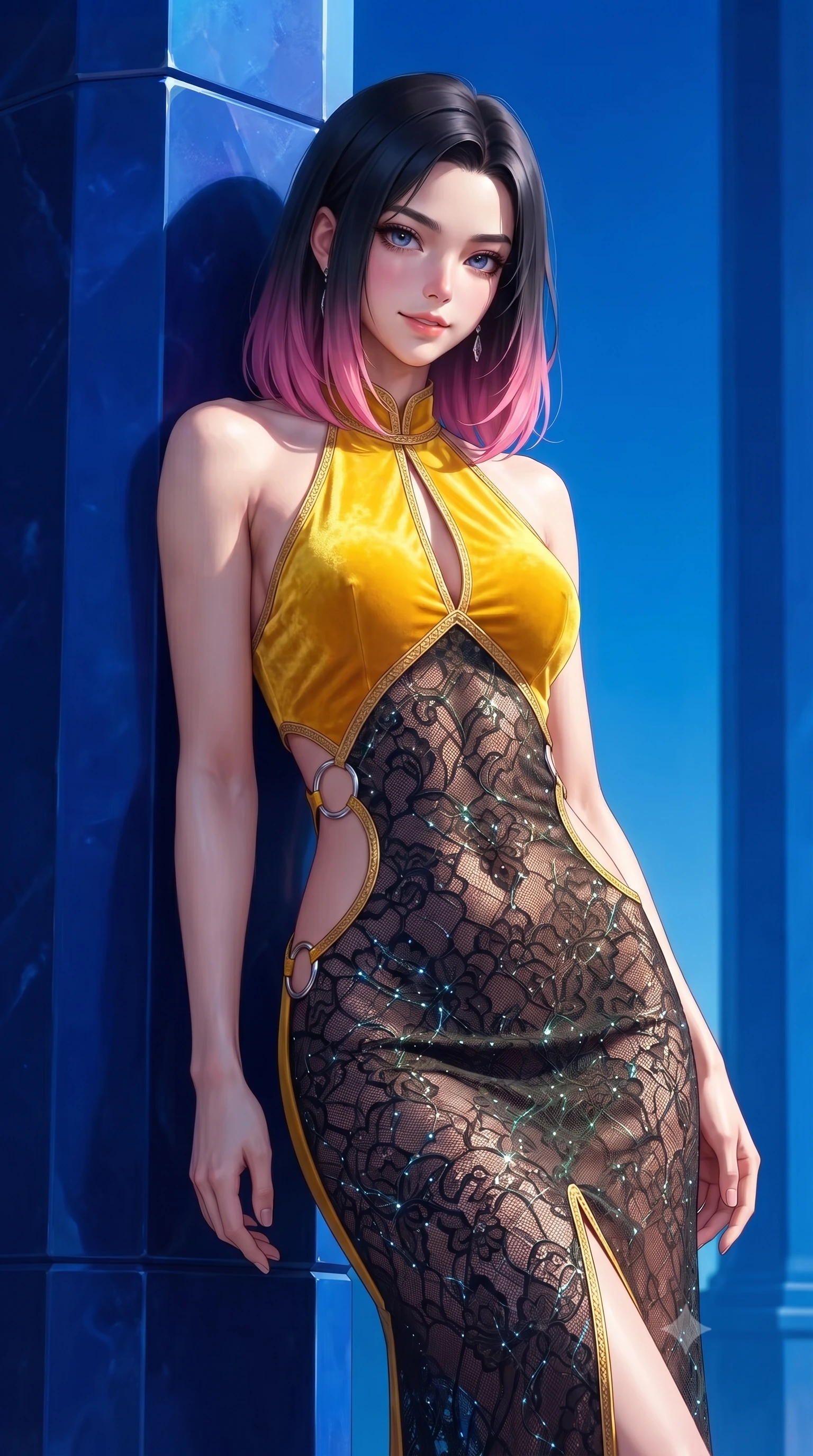 score_9, masterpiece, best quality, ultra-detailed, high-budget anime keyframe, editorial fashion photography, tasteful artistic composition, Korean woman. close-up cowboy shot from the waist and thighs up, the character dominates the composition, filling the frame with her large presence. casting a slow, smoldering gaze beneath heavy lashes with parted glossy lips, her head slightly tilted in captivating self-assurance while leaning against a monolithic deep blue gemstone pillar with a sovereign, captivating smile looking directly into the lens. The surrounding environment is rendered in vivid detail and crisp panoramic clarity. crisp architectural gemstone edges, sunbeam shaft borders, and deep blue sky in high clarity. She has an exceptionally elegant, slender, and willowy female figure with an ultra-slim waist, a gracefully sculpted slender torso, toned flat midriff, and a refined slim silhouette. sharp v-shaped jawline, high-bridge nose, intricate jewel-like eyes with depth, thick eyelashes, glossy lips with a natural sheen, flawlessly proportioned anatomical accuracy, strict slender model proportions, natural body alignment, perfectly sculpted long slender limbs, ultra-slim waistline, clean dynamic posture without body distortion. wearing a velvet halter-neck midi dress fitting her statuesque contour flawlessly with a Tasteful chest slit and open spine in vibrant sunburst canary yellow and gold trim, crafted from delicate dark lace interwoven with luminescent micro-fibers, detailed with polished silver rings connecting the daring side-waist cutouts, the sleek second-skin cut tightly hugging her graceful clavicle, narrow waist, and feminine curves with athletic precision. surrounded by a majestic, supreme, and radiantly sensual celestial sovereignty aura. ultra-reflective glossy finish, specular highlights, metallic sheen, high-contrast stereoscopic depth, volumetric dynamic lighting, 2k, ultra detail, master piece, 9:16 ratio