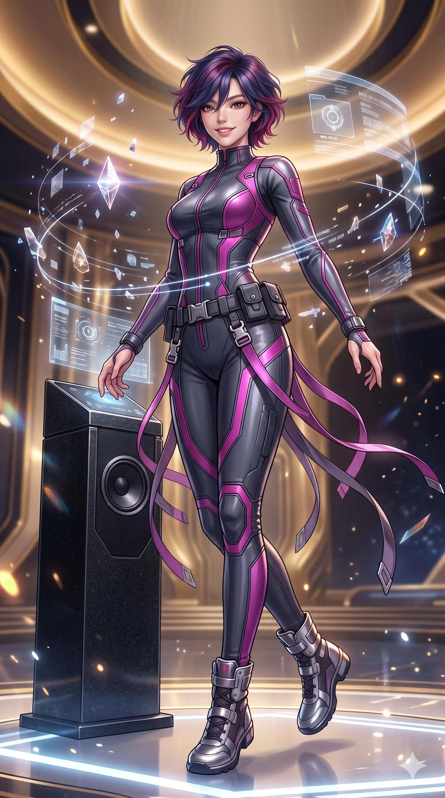 score_9, masterpiece, best quality, ultra-detailed, high-budget anime keyframe, semi-realistic 3D game render, editorial fashion photography, tasteful artistic composition, Korean woman. low angle full-body shot from head to toe showing her feet, filling the entire 9:16 vertical frame with her statuesque presence, stretching her vertical silhouette. executing a cheerful mid-motion pivot turn as her tactical belt and ribbons flutter around her slender legs, glancing over her shoulder with an intoxicating, teasing bedroom-gaze while standing poised at the black granite speaker podium, arching her lower back with sovereign supermodel grace as levitating cryptographic data crystals rotate in complex orbital paths. The background shows a soft-focus floating holographic glyphs and crystal refractions blurred into gold, platinum, and deep obsidian bokeh. She has an absolutely perfect, statuesque 8.5-heads proportion, an exceptionally tall and slender model-like female figure with impossibly long slender legs, an ultra-slim waist, a flat toned midriff, narrow delicate ribcage, and beautifully sculpted feminine hips creating a graceful, slim hourglass silhouette without any bulky heaviness. sharp v-shaped jawline, high-bridge nose, intricate jewel-like sparkling eyes with depth, thick eyelashes, glossy parted lips with a natural sheen, bright confident smile with an enchanting and coquettish sensual glint, exuding both youthful magnetic charm and sovereign high-tech allure, flawlessly proportioned anatomical accuracy, strict slender model proportions, natural body alignment, perfectly sculpted long slender limbs, ultra-slim waistline, clean dynamic posture without body distortion. wearing a refined long-sleeve high-collar flight jumpsuit crafted with ergonomic pressure-sealed seams in deep titanium gunmetal and radiant magenta neon, woven from high-density tech-wool with subtle metallic thread weave, finished with polished chrome buckle hardware and modular magnetic holster clasps, the impeccably tailored cut draping gracefully along her slender figure with aristocratic poise. bathed in the prestigious warm 2800K glow of recessed golden cove lighting mixed with crisp cold white crystal data projections. highly saturated vibrant anime colors, detailed shading with soft gradients, rich glossy textures, high-contrast stereoscopic depth, volumetric dynamic lighting, master piece, 9:16 ratio