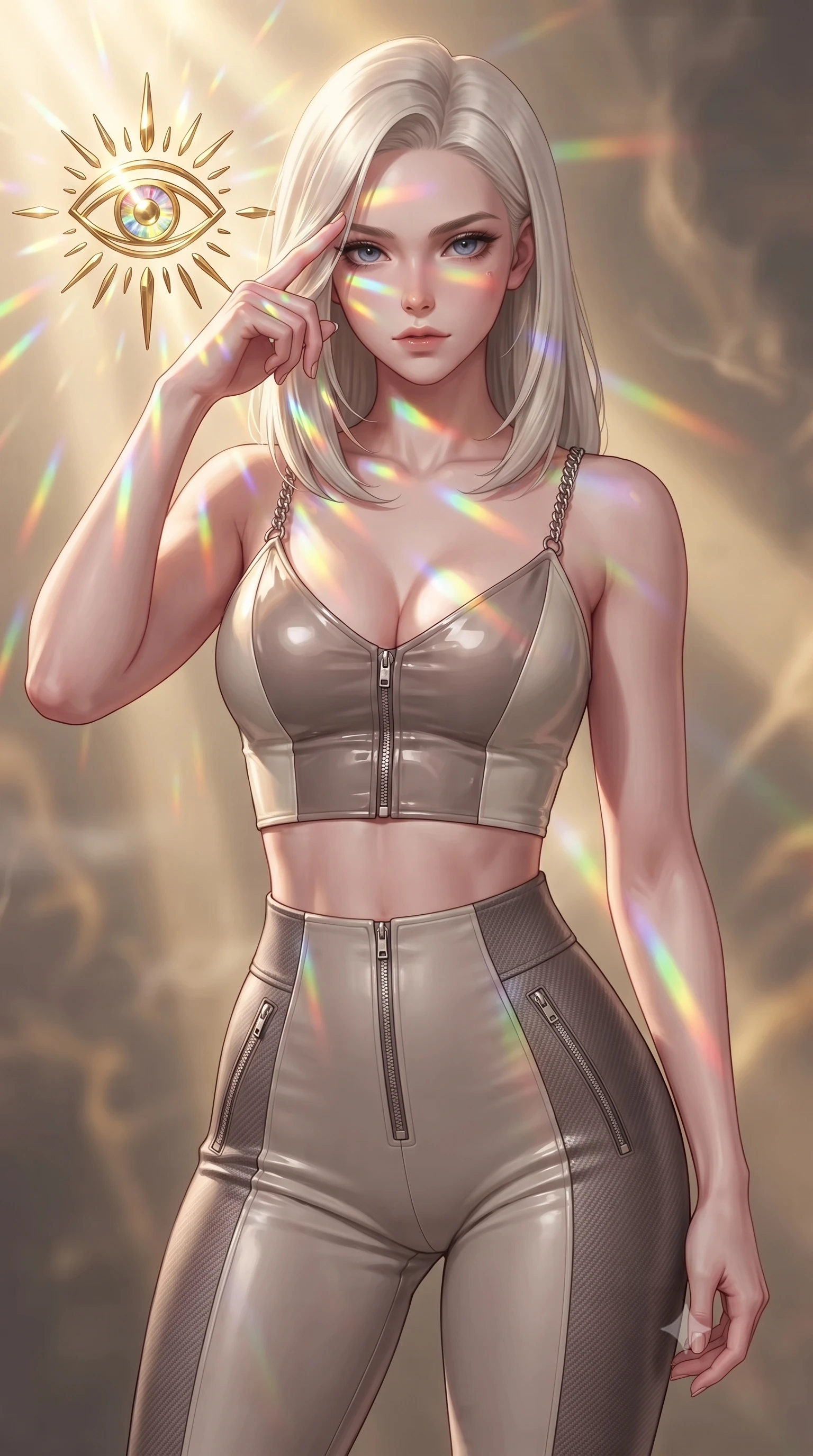 score_9, masterpiece, best quality, ultra-detailed, high-budget anime keyframe, editorial fashion photography, tasteful artistic composition, Caucasian woman. close-up cowboy shot from the waist and thighs up, the character dominates the composition, filling the frame with her large presence, background elements kept in soft focus. Pressing two fingers to her temple in a composed thoughtful gesture with an air of magnetic charisma touching a floating golden icon surrounded by kaleidoscope light rays, vibrant rainbow light patterns projected across her skin and costume. She has an exceptionally elegant, slender, and willowy female figure with an ultra-slim waist, a gracefully sculpted slender torso, and a refined silhouette. sharp v-shaped jawline, high-bridge nose, intricate jewel-like eyes with depth, thick eyelashes, glossy lips with a natural sheen. wearing a glossy vinyl crop top and high-waist tailored leggings with sleek zippers in muted taupe and soft ivory, made of fine carbon-fiber weave and soft matte leather, adorned with delicate metallic chain straps along the neckline, the tailored fabric tightly following every curve of her athletic build. surrounded by a glowing divine aura of sunbeams and incense radiance. ultra-reflective glossy finish, specular highlights, metallic sheen, high-contrast stereoscopic depth, volumetric dynamic lighting, 2k, ultra detail, master piece, 9:16 ratio