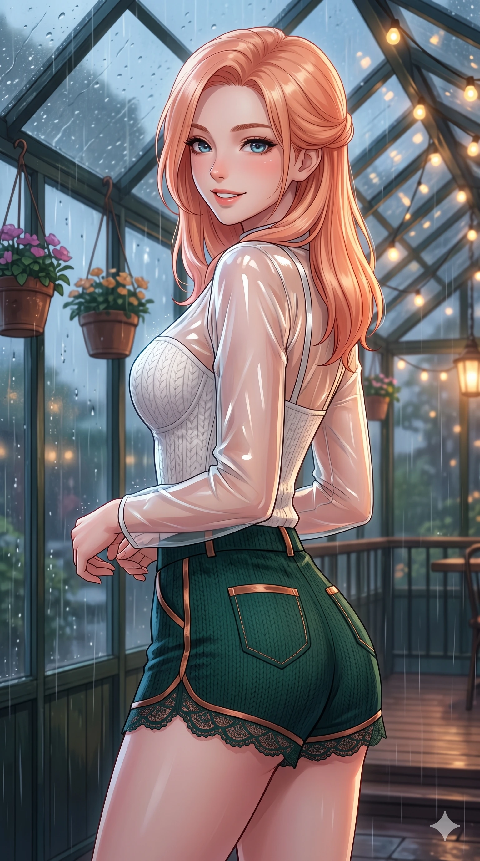 score_9, masterpiece, best quality, ultra-detailed, high-budget anime keyframe, vibrant anime aesthetic, Japanese woman. close-up cowboy shot from the waist and thighs up, the character dominates the composition, filling the frame with her large presence, background elements kept in soft focus. She is posing near glass greenhouse panels, smiling delightfully over her shoulder, gazing softly at the camera lens with a lively, expressive stance. the background shows a soft-focus glass-roofed balcony decorated with hanging flower pots and warm fairy lights, under a steady rainfall (Code-P22-158). She has an absolutely perfect proportion, an exceptionally elegant and slender female figure with an ultra-slim waist. V-shaped jawline, high-bridge nose, intricate jewel-like eyes with depth, thick eyelashes, glossy lips with a natural sheen. wearing a translucent patent-gloss top over a white textured knit structured bodice and knit shorts in dark emerald and copper details. She is bathed in soft twilight glow mixed with warm lantern lights, highlighting her V-shaped jawline inside the retro conservatory cafe. 2k, ultra detail, master piece, 9:16 ratio