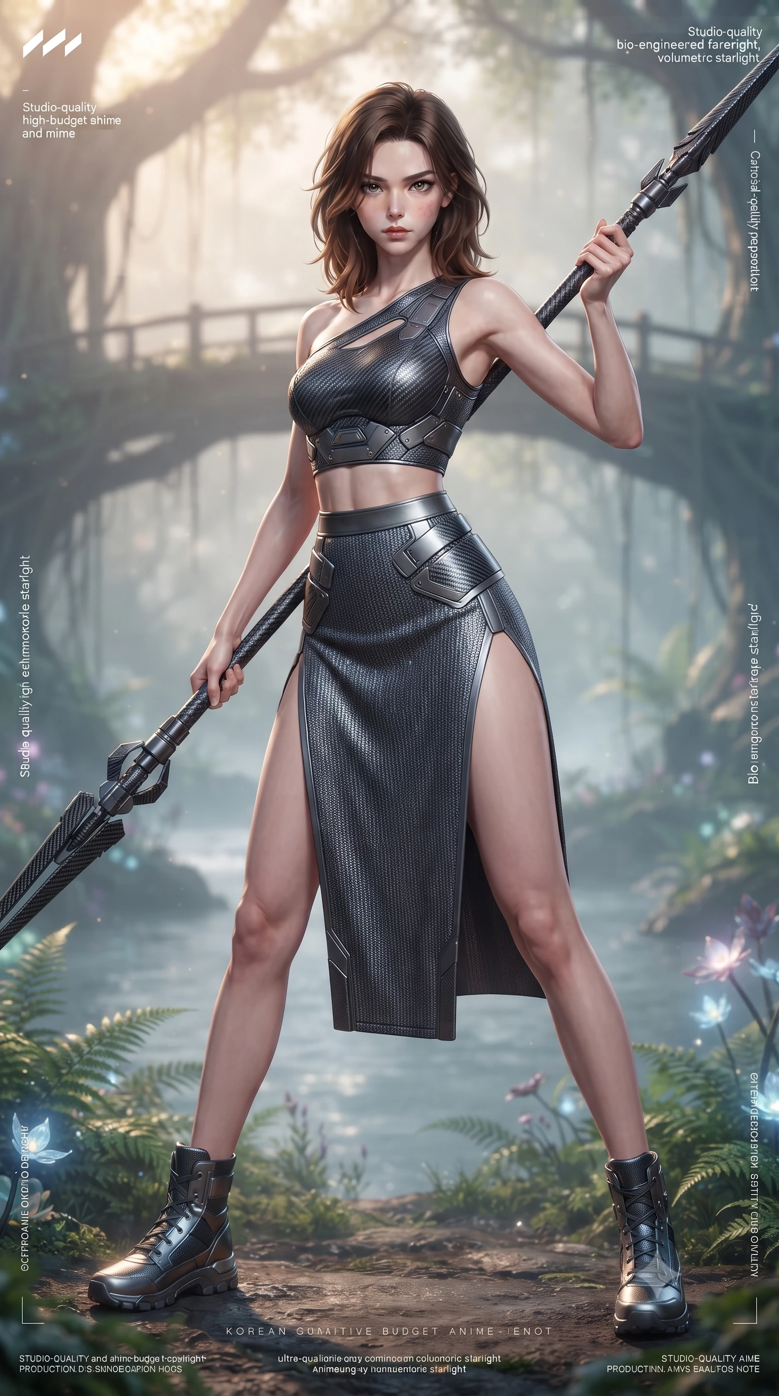 score_9, masterpiece, best quality, ultra-detailed, high-budget anime keyframe, editorial fashion photography, tasteful artistic composition, Korean woman. low angle full-body shot from head to toe showing her feet, filling the entire 9:16 vertical frame with her statuesque presence, stretching her vertical silhouette. standing in a dynamic combat stance with a carbon-fiber spear held diagonally, stretching her statuesque body, the background shows a soft-focus a banyan tree bridge overlooking a misty river with bio-engineered ferns. She has an absolutely perfect, statuesque 8.5-heads proportion, an exceptionally tall and slender model-like female figure with impossibly long slender legs and an ultra-slim waist. sharp v-shaped jawline, high-bridge nose, intricate jewel-like eyes with depth, thick eyelashes, glossy lips with a natural sheen. wearing a form-contouring asymmetric one-shoulder crop top in carbon knit, paired with a high-slit combat skirt. soft morning mist diffusing the warm starlight, creating a tranquil atmosphere. ultra-reflective glossy finish, specular highlights, metallic sheen, high-contrast stereoscopic depth, volumetric dynamic lighting, 2k, ultra detail, master piece, 9:16 ratio