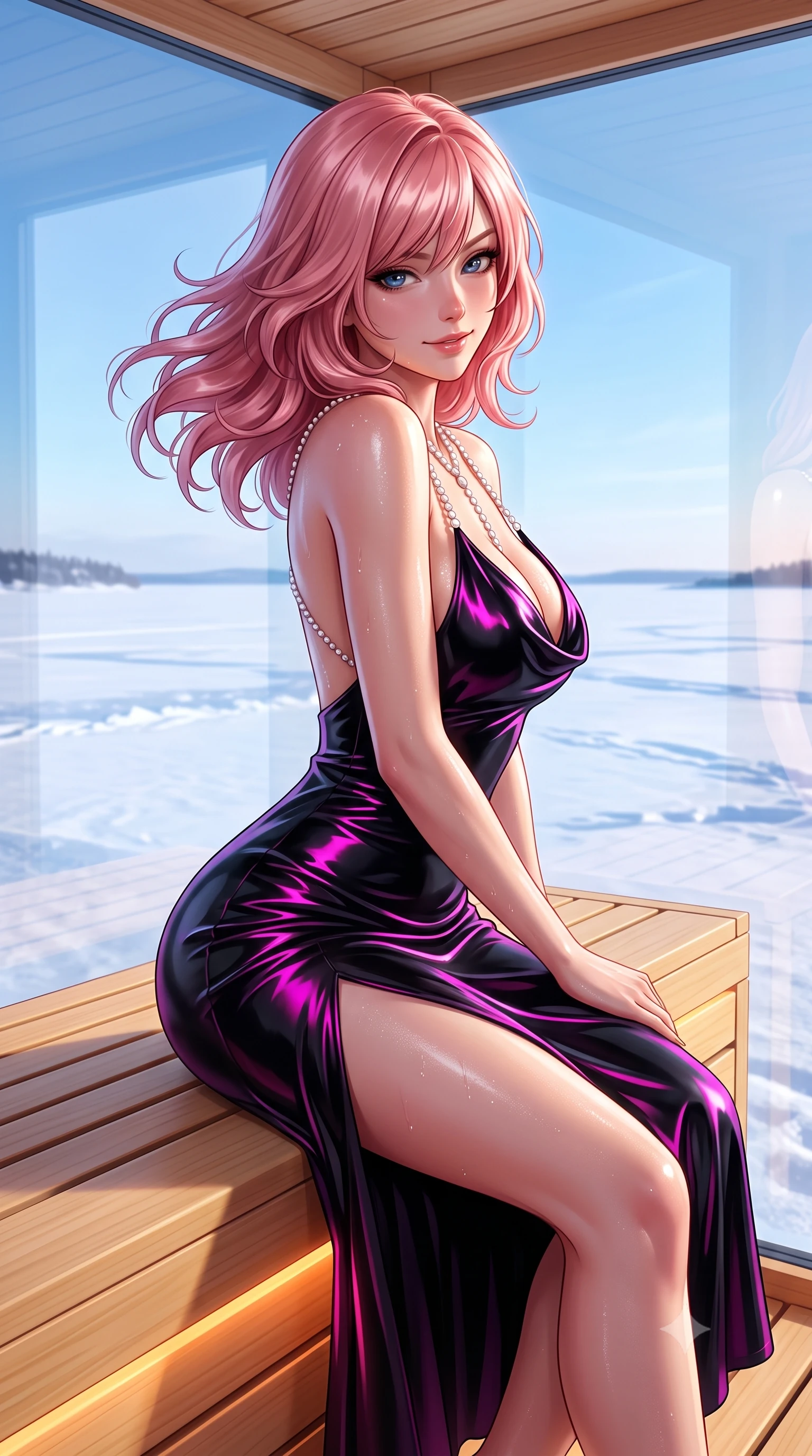 score_9, masterpiece, best quality, ultra-detailed, high-budget anime keyframe, semi-realistic 3D game render, editorial fashion photography, tasteful artistic composition, Japanese woman. close-up cowboy shot from the waist and thighs up, the character dominates the composition, filling the frame with her large presence. turning slowly with an enchanting smoldering smile, her glossy hair tossing in the breeze as her hips angle gracefully in a captivating contrapposto while sitting poised on the upper blonde cedar bench inside the heated glass cube, arching her spine with sultry dewy elegance overlooking the frozen expanse. The surrounding environment is rendered in vivid detail and crisp panoramic clarity: detailed form-fitting wet-look bikini texture, dewy skin perspiration sheen, and minimalist Nordic architecture in high resolution. She has an exceptionally elegant, slender, and willowy female figure with an ultra-slim waist, flat toned midriff, narrow ribcage, and sculpted feminine hips creating an alluring, slim hourglass silhouette without bulk. sharp v-shaped jawline, high-bridge nose, sparkling eyes with hypnotic seductive depth, thick curled eyelashes, glossy parted lips with a natural dewy peach sheen, alluring bedroom-eyes with an enchanting coquettish smile, exuding magnetic siren charisma and sophisticated glamour, flawlessly proportioned anatomical accuracy, strict slender model proportions, natural body alignment, perfectly sculpted long slender limbs, ultra-slim waistline, clean dynamic posture without body distortion. wearing a plunging cowl-neck liquid silk satin slip gown with daring hip-high slit and delicate pearl spaghetti straps in wet-look onyx black with electric magenta reflections, crafted from wet-look high-gloss vinyl fabric with dazzling specular surface reflections, accented with a pearl-drop body harness subtly framing her dewy collarbones and spine, the liquid-tight tailored fabric clinging flawlessly to her narrow waist and rounded feminine hips, emphasizing every millimeter of her sculpted slim hourglass curves without any bulky heaviness. bathed in warm 2600K amber under-bench LED lighting contrasting with arctic twilight blue through the glass. highly saturated vibrant anime colors, detailed shading with soft gradients, rich glossy textures, high-contrast stereoscopic depth, volumetric dynamic lighting, master piece, 9:16 ratio