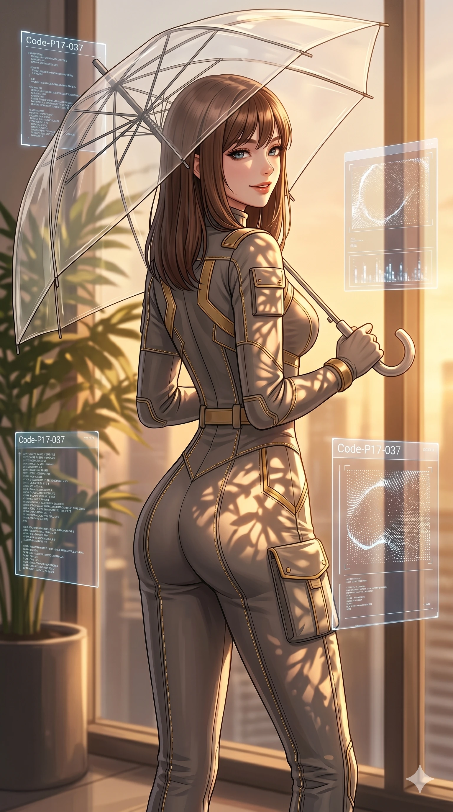 score_9, masterpiece, best quality, ultra-detailed, high-budget anime keyframe, editorial fashion photography, tasteful artistic composition, Korean woman. cowboy shot from the thighs up, character and outfit filling the frame for maximum editorial presence. holding a transparent umbrella, looking over her shoulder with a magnetic, teasing smile inside a futuristic penthouse with floating digital art frames (Code-P17-037). She has an absolutely perfect 8-heads proportion, an exceptionally tall and slender female figure with impossibly long slender legs and an ultra-slim waist. V-shaped jawline, high-bridge nose, intricate jewel-like eyes with depth, thick eyelashes, glossy lips with a natural sheen. wearing a structured high-neck pilot suit with gold accents and neat stitching. bathed in warm, golden afternoon sunbeams, casting soft organic leaf shadows on her skin. 2k, ultra detail, master piece, 9:16 ratio