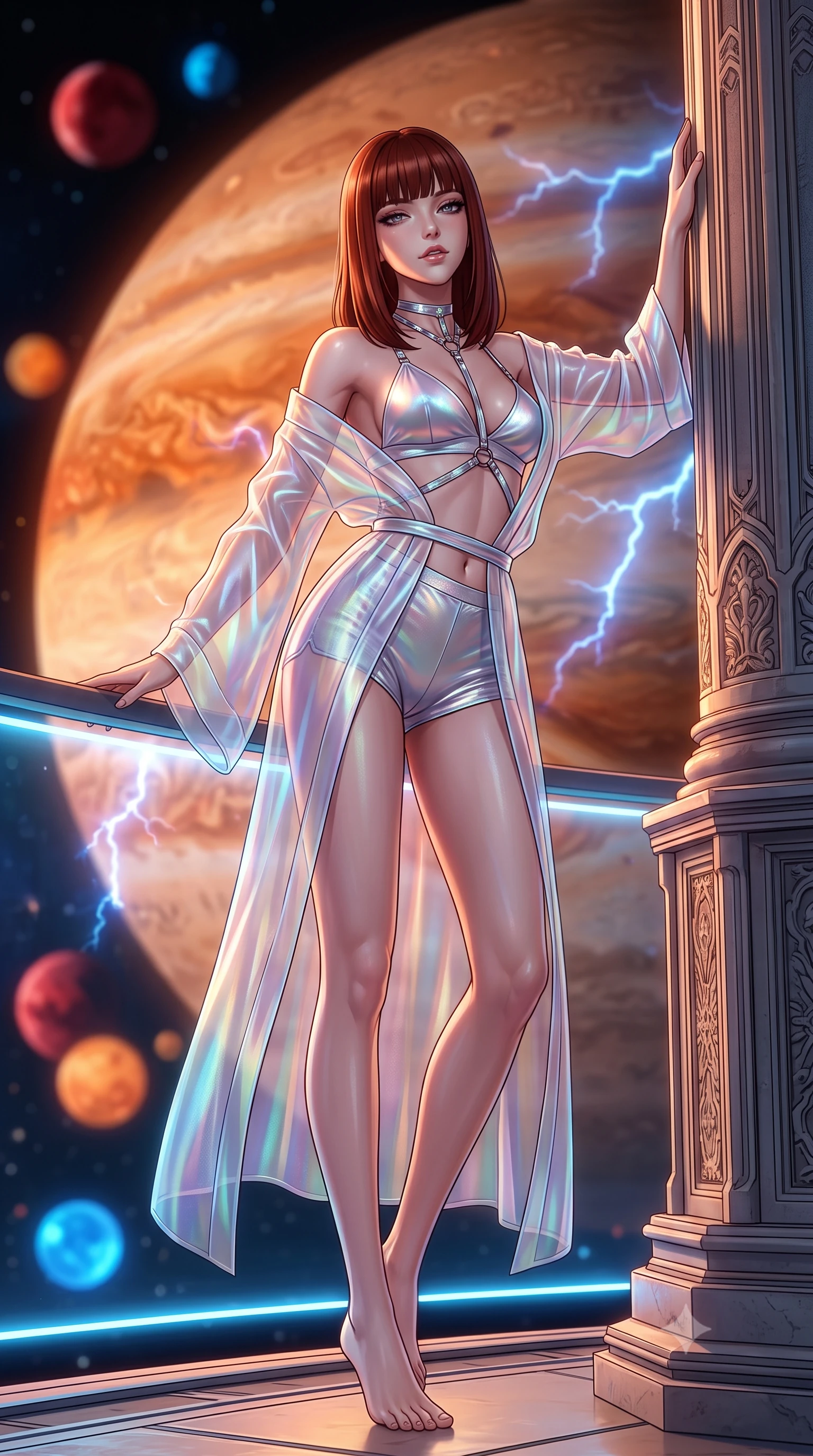 score_9, masterpiece, best quality, ultra-detailed, high-budget anime keyframe, semi-realistic 3D game render, editorial fashion photography, tasteful artistic composition, Caucasian woman. low angle full-body shot from head to toe showing her feet, filling the entire 9:16 vertical frame with her statuesque presence, stretching her vertical silhouette. standing tall beside the architectural column, one hand resting high while arching her lower back to emphasize her sculpted feminine hips and slender waist while leaning against the plasma-shielded balcony with hips cocked back, watching colossal blue atmospheric lightning flashes with heavy-lidded bedroom-eyes. The background shows a soft-focus churning amber and terracotta cloud bands of Jupiter, crackling mega-lightning bolts, and distant orbital moons blurred into crimson, tangerine, and electric blue bokeh. She has an exceptionally tall and slender model-like 8.5-heads proportion, an ultra-slim waist, a flat toned midriff, narrow delicate ribcage, and beautifully sculpted feminine hips creating a graceful, slim hourglass silhouette without any bulky heaviness, with impossibly long slender legs. sharp v-shaped jawline, high-bridge nose, intricate jewel-like sparkling eyes with depth, thick eyelashes, glossy parted lips with a natural peach sheen, bright cheerful beaming smile with an enchanting and coquettish sensual glint, exuding both youthful cute charm and seductive allure, flawlessly proportioned anatomical accuracy, strict slender model proportions, natural body alignment, perfectly sculpted long slender limbs, ultra-slim waistline, clean dynamic posture without body distortion. wearing a translucent iridescent organza kimono robe slipping off bare shoulders over a matching satin micro-bralette and shorts in iridescent mother-of-pearl and liquid molten silver, woven from stretch metallic lurex jersey casting radiant starlight glints across her curves, accented with a chrome-drop body harness subtly framing her dewy collarbones and spine, the second-skin tailored fabric adhering flawlessly to her sculpted flat midriff and slender torso, emphasizing her long leg lines and perfectly proportioned willowy build. bathed in rich amber and vermilion planetary atmospheric glow contrasted with sharp intermittent electric-blue lightning flashes. highly saturated vibrant anime colors, detailed shading with soft gradients, rich glossy textures, high-contrast stereoscopic depth, volumetric dynamic lighting, master piece, 9:16 ratio