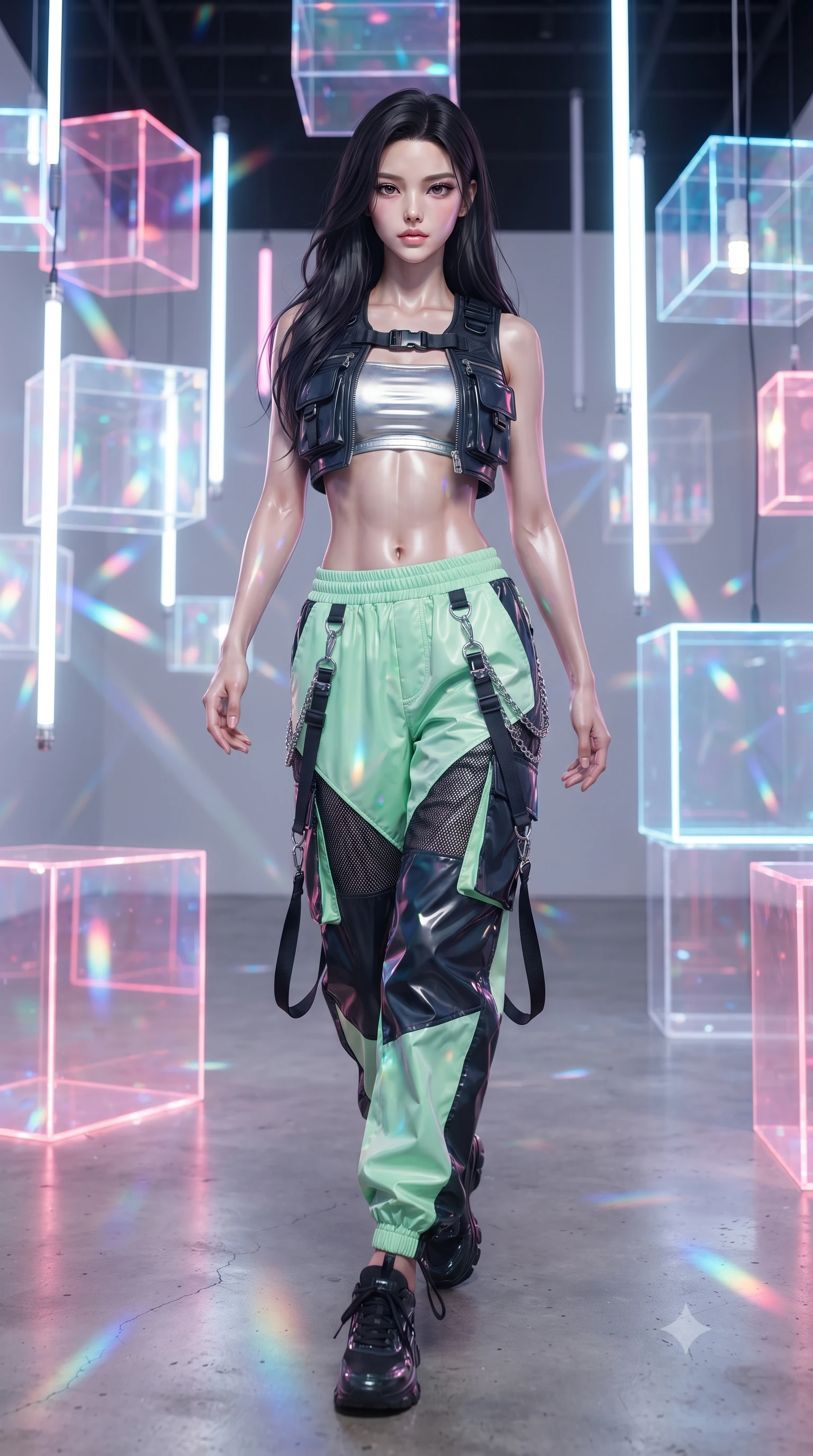 score_9, masterpiece, best quality, ultra-detailed, high-budget anime keyframe, editorial fashion photography, tasteful artistic composition, Korean woman. low angle full-body shot from head to toe showing her feet, filling the entire 9:16 vertical frame with her statuesque presence, stretching her vertical silhouette. stepping forward gracefully in mid-motion, displaying her toned flat midriff and flawlessly sculpted slender limbs while posing inside an avant-garde digital art gallery surrounded by glowing translucent acrylic cubes and suspended LED tubes. The composition keeps background elements in soft focus with creamy bokeh. refracted light beams and internal acrylic reflections scattering radiant chromatic light motes. She has an absolutely perfect, statuesque 8.5-heads proportion, an exceptionally tall and slender model-like female figure with impossibly long slender legs, a toned flat midriff, and an ultra-slim waist. sharp v-shaped jawline, high-bridge nose, intricate jewel-like eyes with depth, thick eyelashes, glossy lips with a natural sheen, captivating and magnetic expression, flawlessly proportioned anatomical accuracy, strict slender model proportions, natural body alignment, perfectly sculpted long slender limbs, ultra-slim waistline, clean dynamic posture without body distortion. wearing a cropped tech-harness utility vest worn over a silver reflective bandeau top and baggy cargo pants in neon mint green and dark obsidian, made of breathable technical athletic mesh and liquid-finish track nylon, accented with hanging industrial clip straps and chrome chain links, the glove-like aerodynamic second-skin fit tightly clinging to her ultra-slender waist and athletic curves without adding bulk, accentuating her razor-sharp statuesque lines and slim hourglass silhouette. illuminated by clean geometric specular highlights tracing her sculpted torso and legs. ultra-reflective glossy finish, specular highlights, rich textural contrasts, high-contrast stereoscopic depth, volumetric dynamic lighting, 2k, ultra detail, master piece, 9:16 ratio