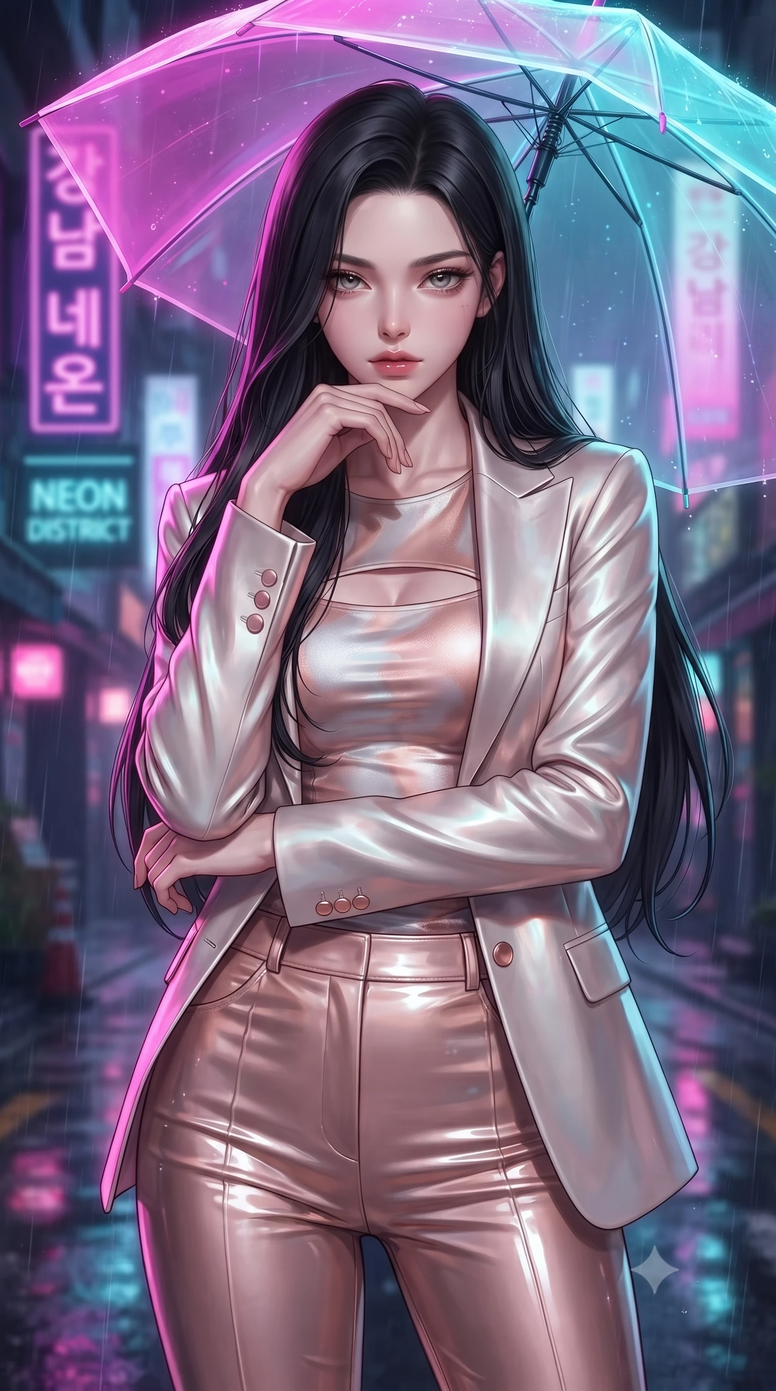 score_9, masterpiece, best quality, ultra-detailed, high-budget anime keyframe, editorial fashion photography, tasteful artistic composition, Korean woman. close-up cowboy shot from the waist and thighs up, the character dominates the composition, filling the frame with her large presence, background elements kept in soft focus. Resting her chin on the backs of her fingers, casting a sharp, mysterious gaze holding a glowing translucent umbrella under vibrant neon street signs at night, soft mist scattering vibrant magenta and cyan neon rim light around her form. She has an exceptionally elegant, slender, and willowy female figure with an ultra-slim waist, a gracefully sculpted slender torso, and a refined silhouette. sharp v-shaped jawline, high-bridge nose, intricate jewel-like eyes with depth, thick eyelashes, glossy lips with a natural sheen. wearing a tailored silk blazer over a form-contouring top and fitted slacks in pearl white and rose gold, tailored from high-gloss patent leather, accented with a Tasteful chest slit framing her clavicle gracefully, the sleek second-skin texture accentuating her magnetic presence. surrounded by a vibrant, atmospheric city glow with glistening raindrops. ultra-reflective glossy finish, specular highlights, metallic sheen, high-contrast stereoscopic depth, volumetric dynamic lighting, 2k, ultra detail, master piece, 9:16 ratio